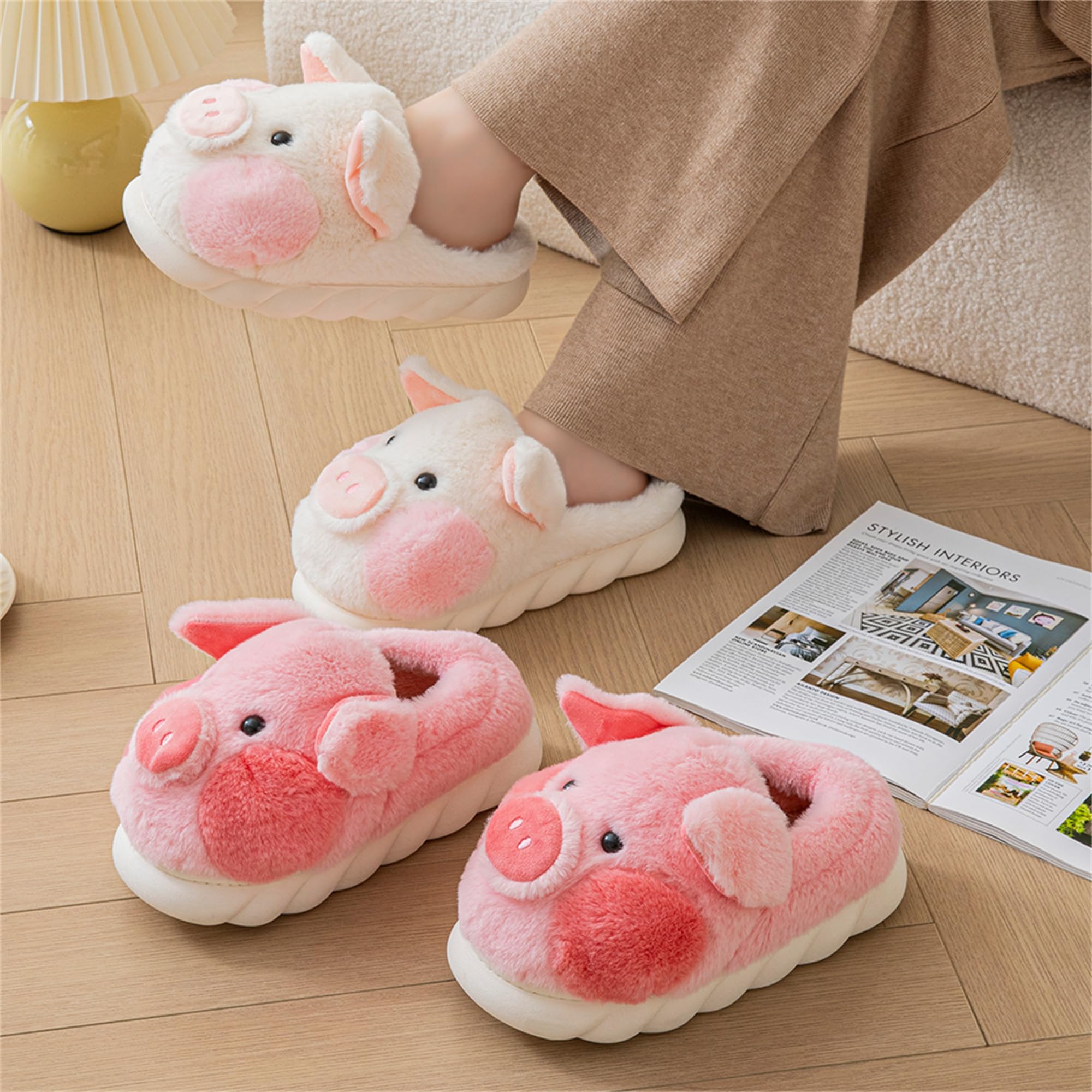 LANFIRE Women's Cozy Animal Slippers - Soft Plush Pig Design Home Shoes for Adults, Indoor/Outdoor Comfort for Relaxation & Lounging