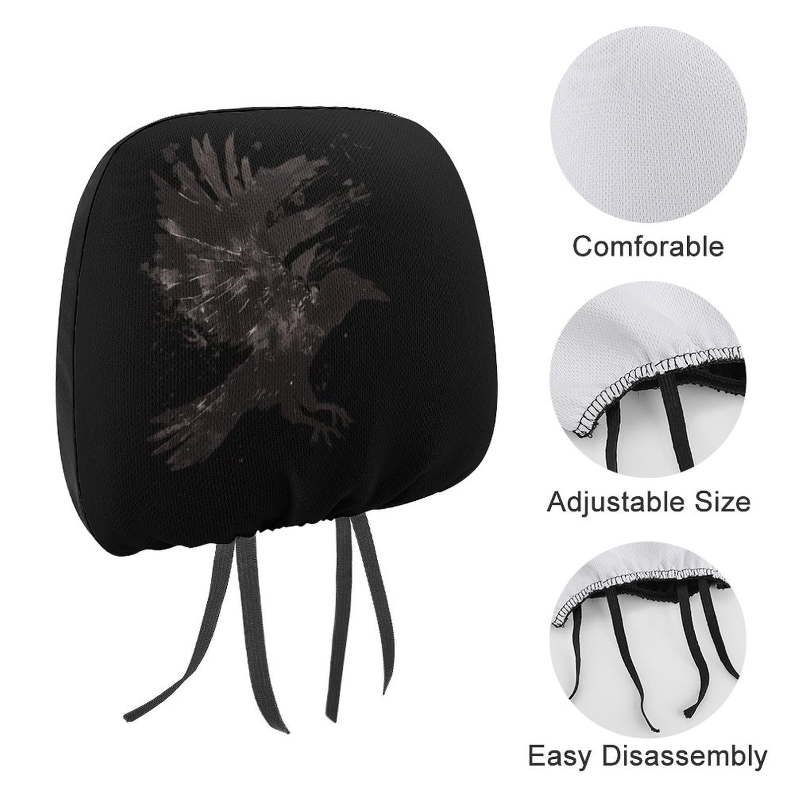 Universal Car Headrest Cover - Full Wrap Seat Protector for Cars, SUVs & Trucks - Ink Raven Design - 1PC - Perfect for Travel, Commuting & Long Drives