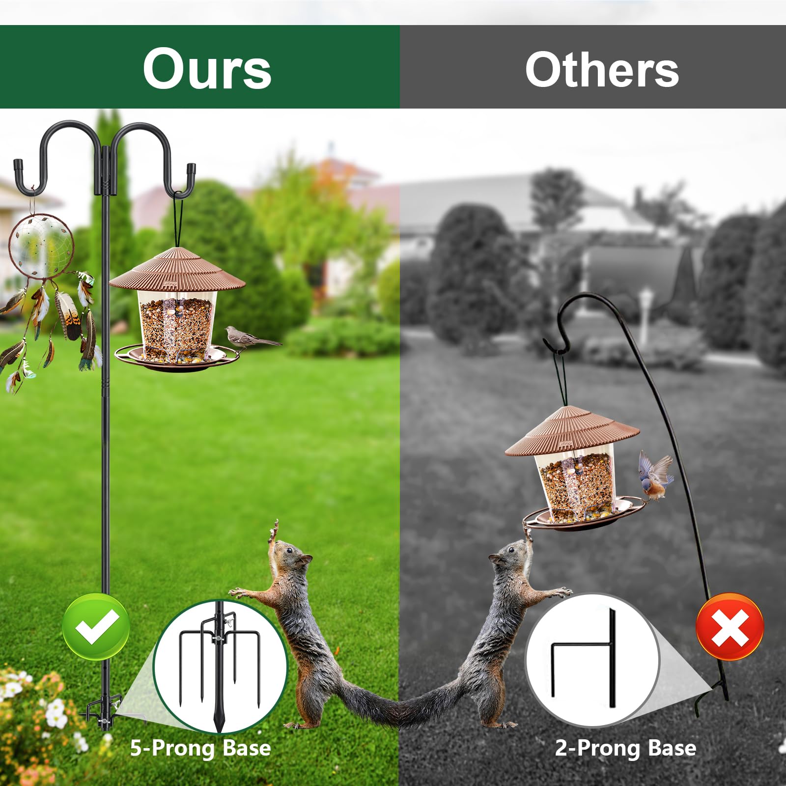 78 Inch Heavy Duty Black Double Shepherd's Hook - Adjustable Bird Feeder Pole with 5-Prong Base - Rustproof Outdoor Hanging Stand for Hummingbird Feeders, Solar Lights, Lanterns & Flower Baskets - Perfect for Garden, Patio and Backyard Decor