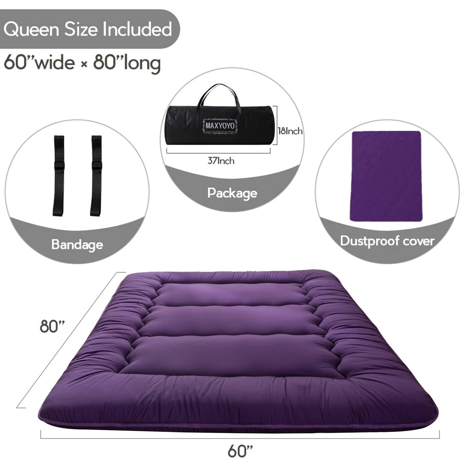 MAXYOYO Japanese Floor Futon Mattress - Portable Foldable Tatami Mattress for Guest Bed, Camping & Small Space Living | Comfortable Floor Sleeping Solution