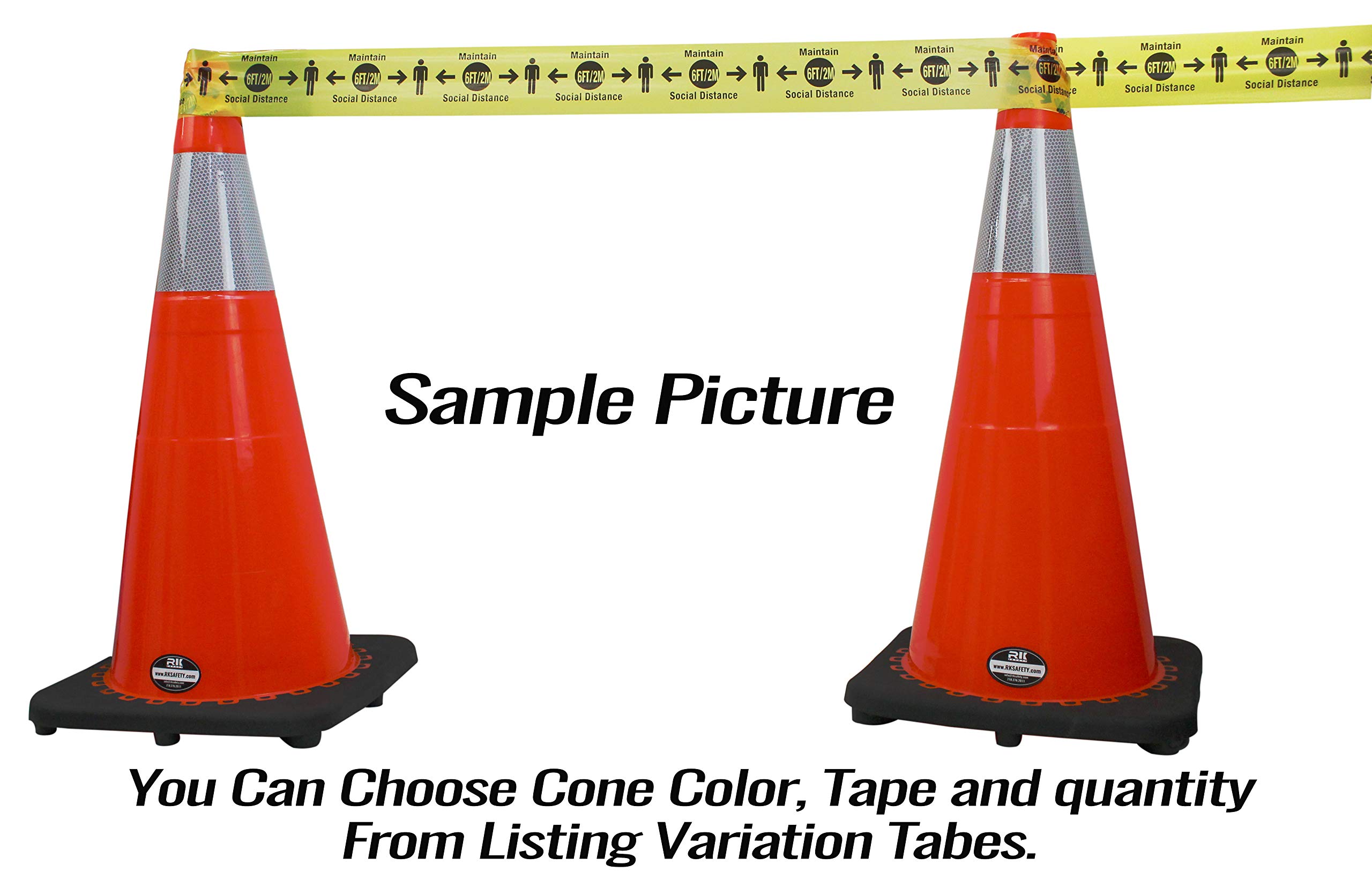 RK-Safety 28-Inch Blue Traffic Safety Cones with Black Base & High-Visibility Reflective Tape - 4 Pack with Bonus Barricade Tape Roll for Construction Zones, Parking Lots & Emergency Road Safety