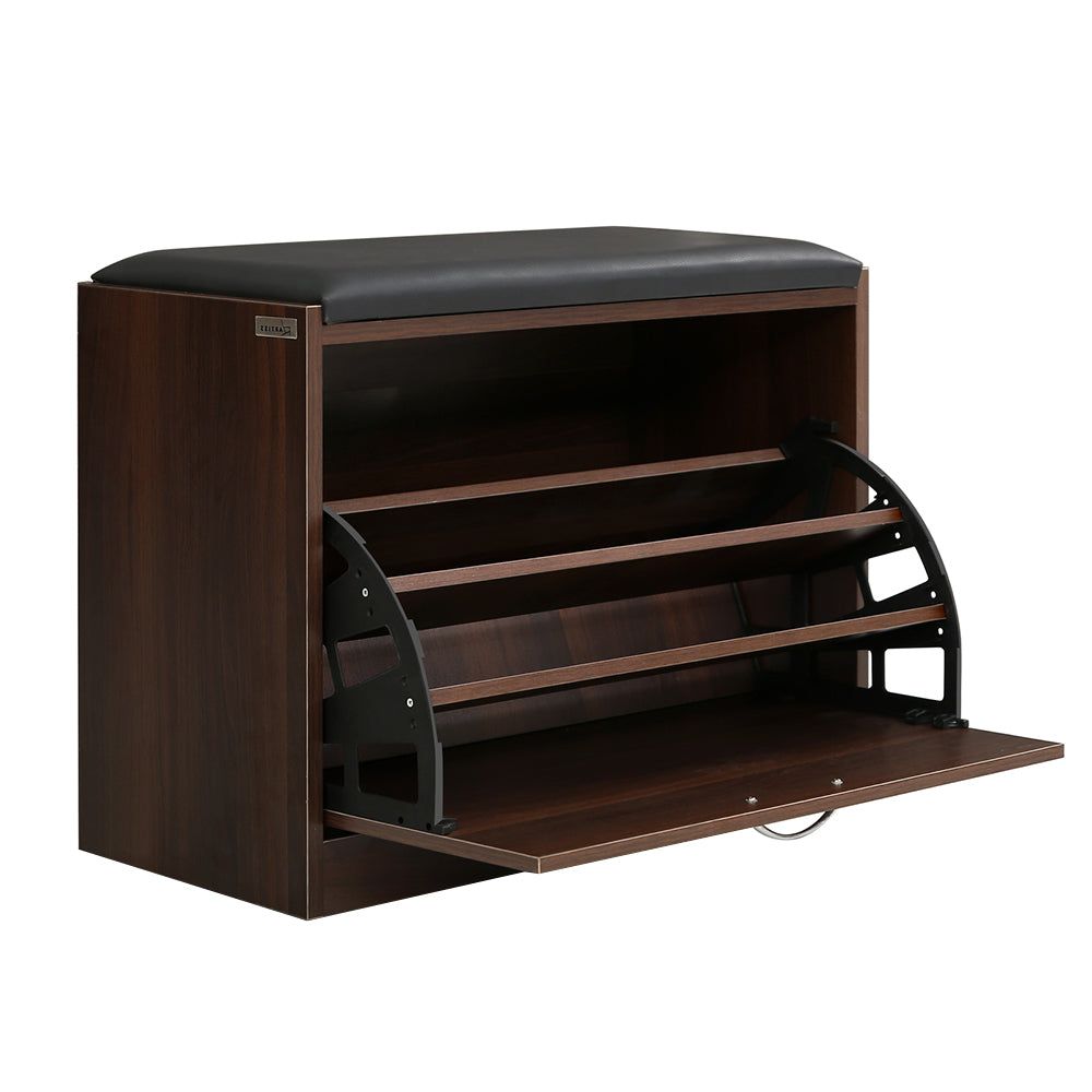 15-Pair Walnut Shoe Bench Cabinet - Entryway Shoe Storage Organizer for Hallway, Mudroom & Closet Organization