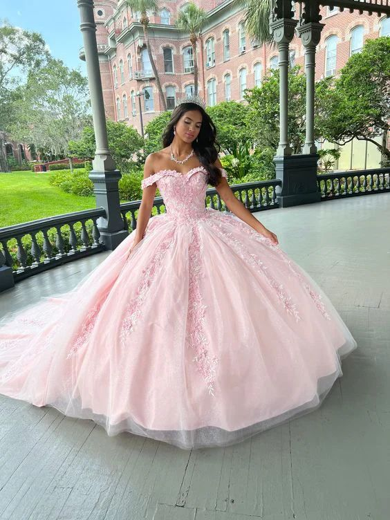 Elegant Off-The-Shoulder Pink Ball Gown with Applique Details - Sweet 16 Quinceañera Dress J5044 | Perfect for Birthday Parties, Prom Nights & Special Occasions