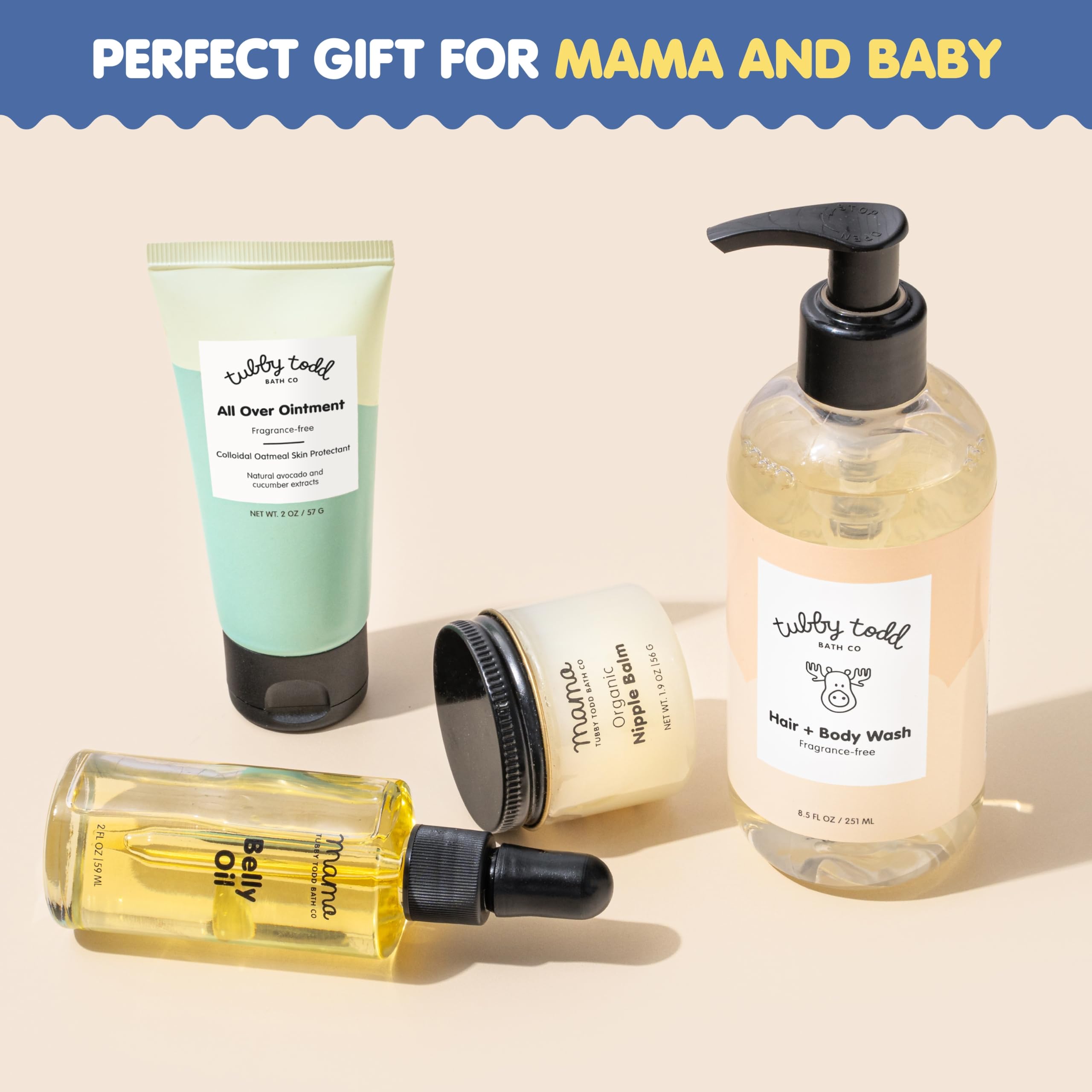 Tubby Todd Sensitive Skincare Gift Set for New Moms & Babies - Fragrance-Free Baby Shampoo & Body Wash 8.5oz, All Over Ointment 2oz, Belly Oil 2oz & Nipple Balm 1.9oz - Perfect for Baby Showers, Newborn Care & Postpartum Recovery