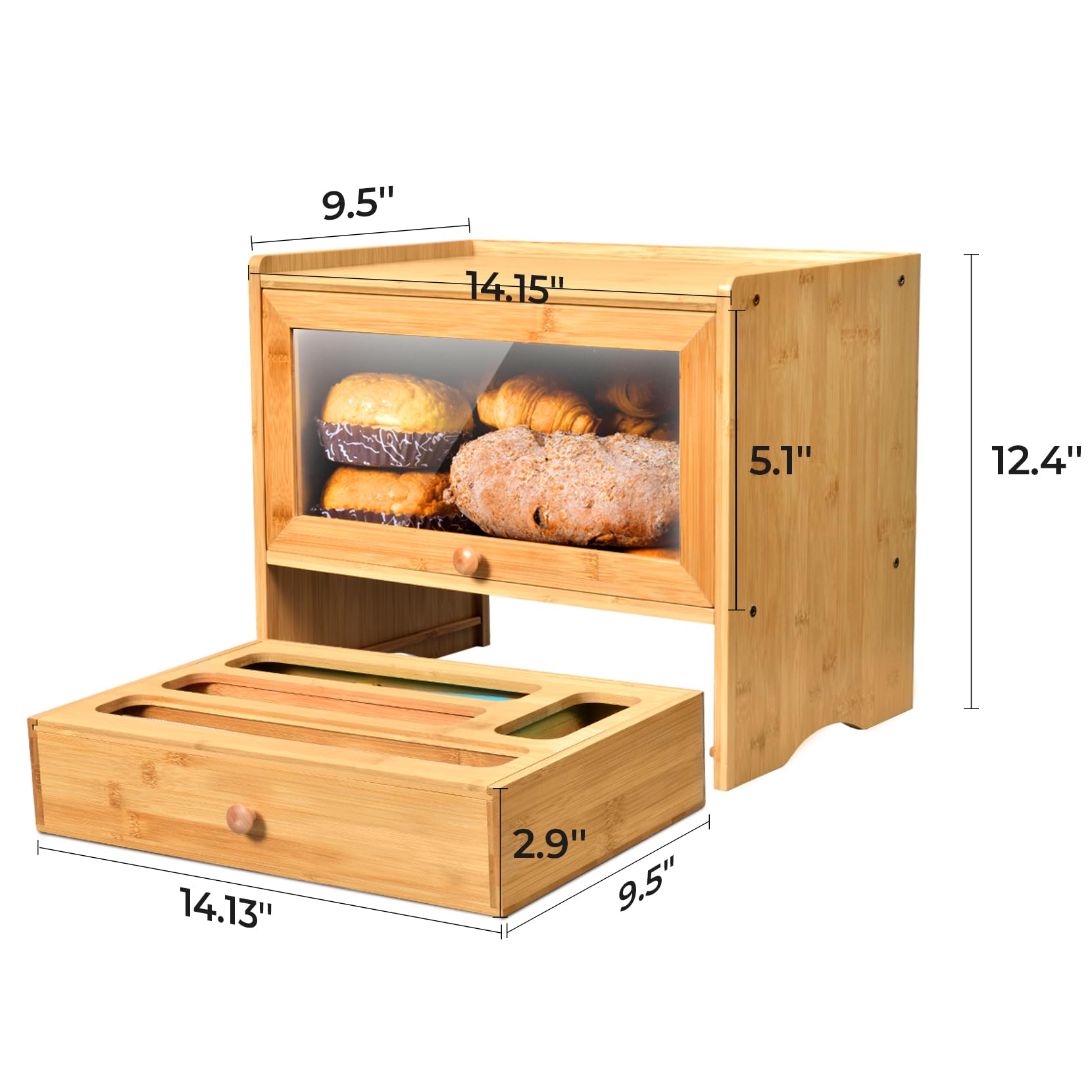 Bamboo Bread Storage Box with Window & Zip Baggie Organizer - Kitchen Countertop Corner Bread Keeper for Homemade Bread, Drawer & Pantry Organization - Perfect for Fresh Bread Storage & Kitchen Counter Space Saving