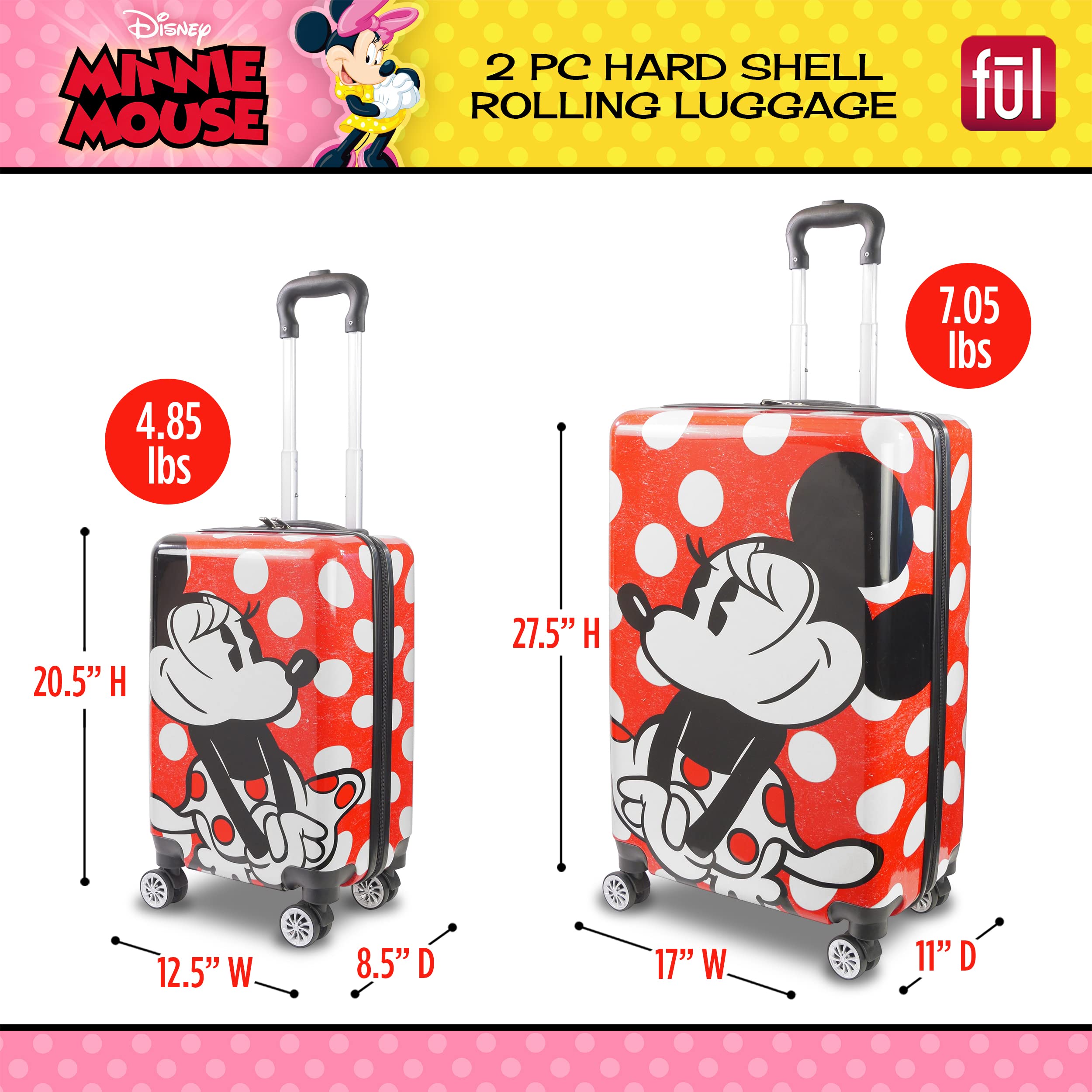 Disney Minnie Mouse Hardshell Rolling Luggage Set - 2-Piece Polka Dot Red Suitcase with Wheels for Women & Kids Travel, Vacation, and Airplane Carry-On