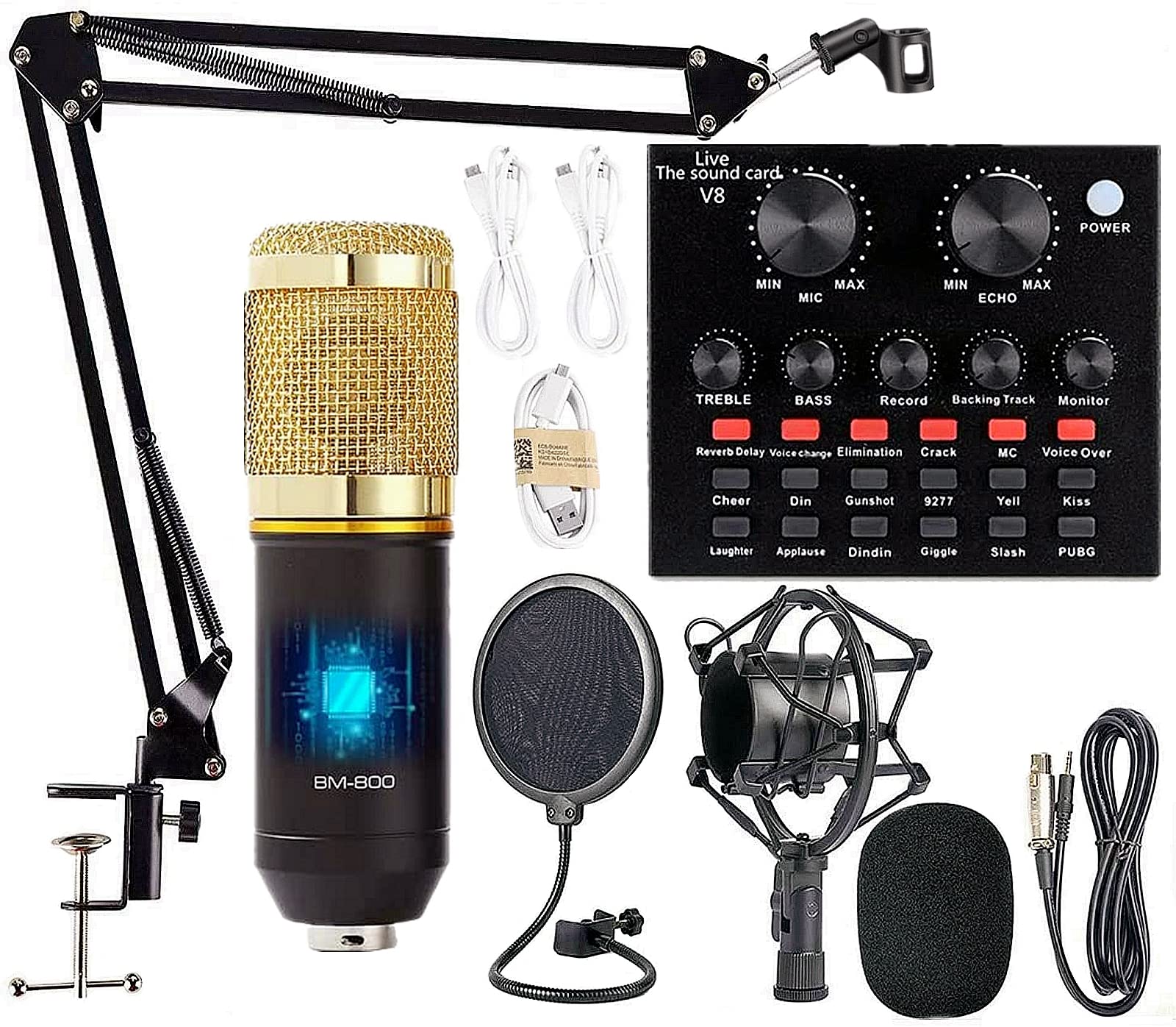 Professional Podcast Equipment Bundle - BM-800 Condenser Microphone Kit with Live Sound Card, Adjustable Scissor Arm Stand, Metal Shock Mount & Dual-Layer Pop Filter for Studio Recording, Live Streaming & Voice Overs (Gold) | Perfect for Home Studios, YouTube Creators & Podcasters