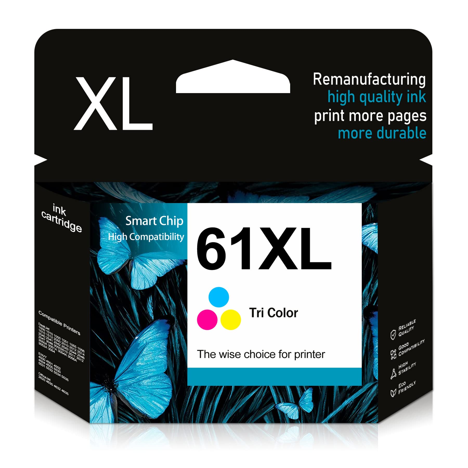 61XL High Yield Remanufactured Ink Cartridge - Replacement for HP Envy 4500/5530/4502/5535/5534, OfficeJet 4630/2620/4635, DeskJet 2540/1010/1000 Printers - 1 Pack Tri-Color - Perfect for Home & Office Printing Needs