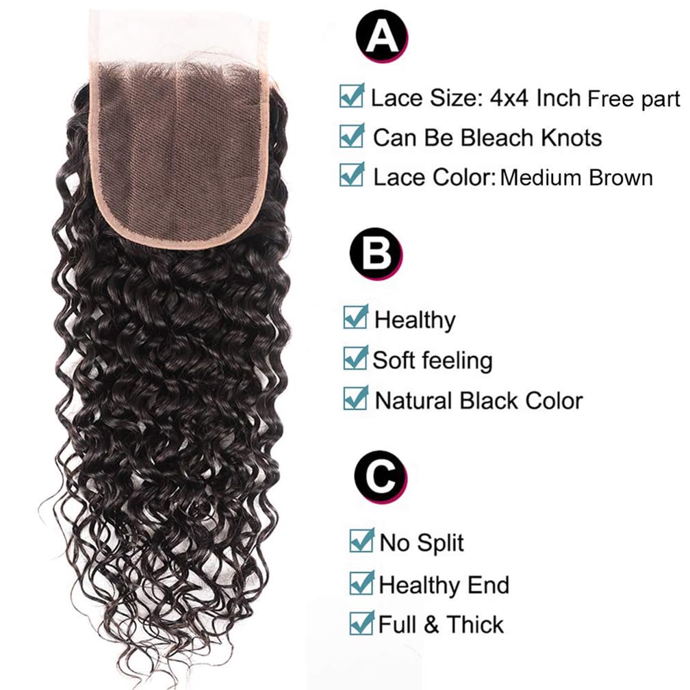 Borchan 4 Bundles Water Wave Human Hair Extensions with 4x4 Lace Closure - 14 16 18 20+12 Inch Wet & Wavy Curly Bundles (Pre-Plucked Baby Hair, Natural Black) for Women's Styling, Party & Daily Wear