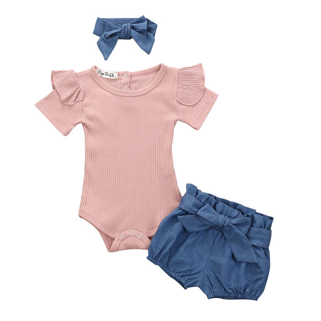 18-Month Baby Girl Outfits - 3-Piece Denim Romper Set with Bowknot Shorts & Shirt | Cute Jumpsuit for Infant Girls | Perfect for Playdates, Photos & Everyday Wear