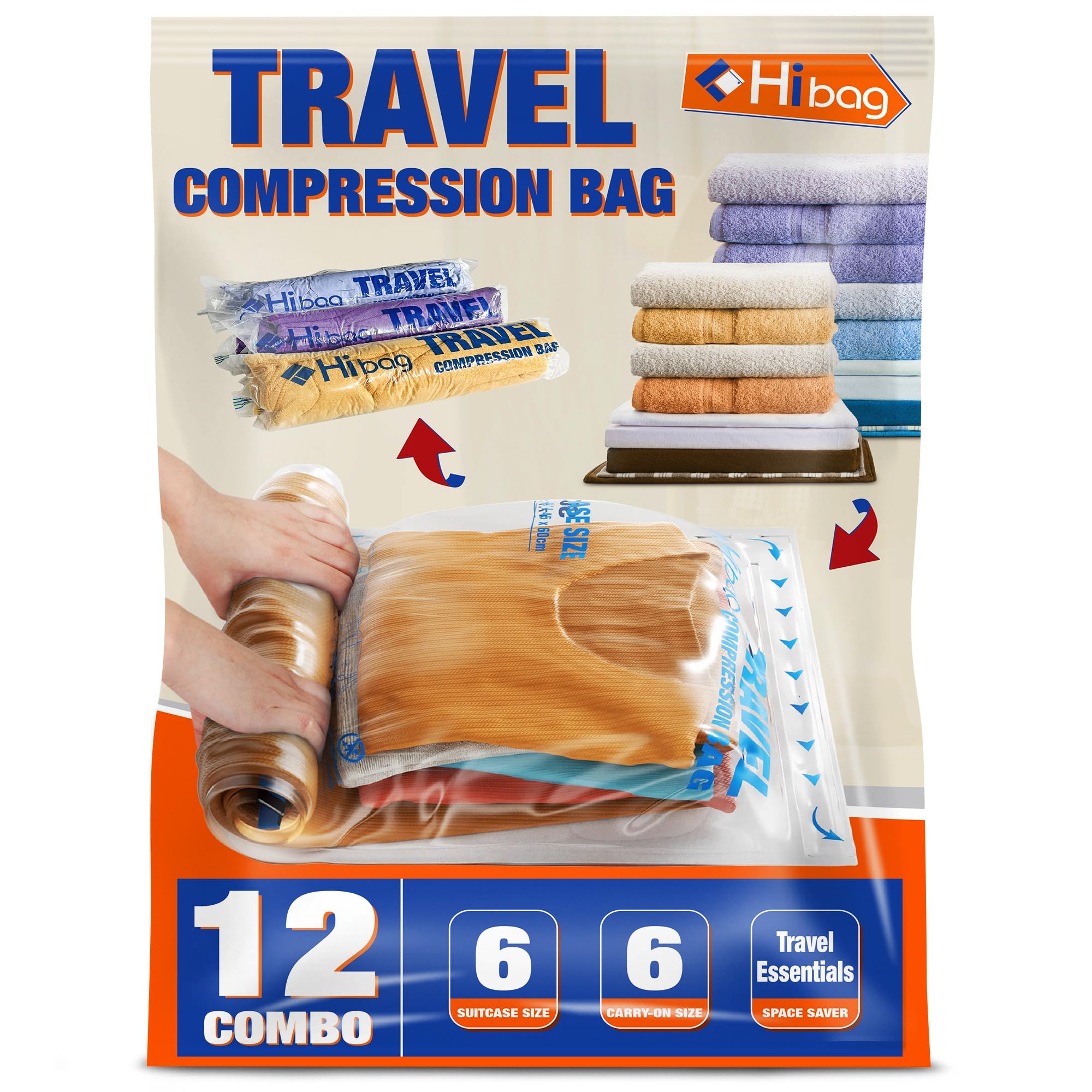 HIBAG 12-Pack Travel Compression Bags - Vacuum Seal Space Saver Storage Bags for Clothes, Blankets & Travel Essentials | Perfect for Cruise, Camping & Airplane Luggage Organization