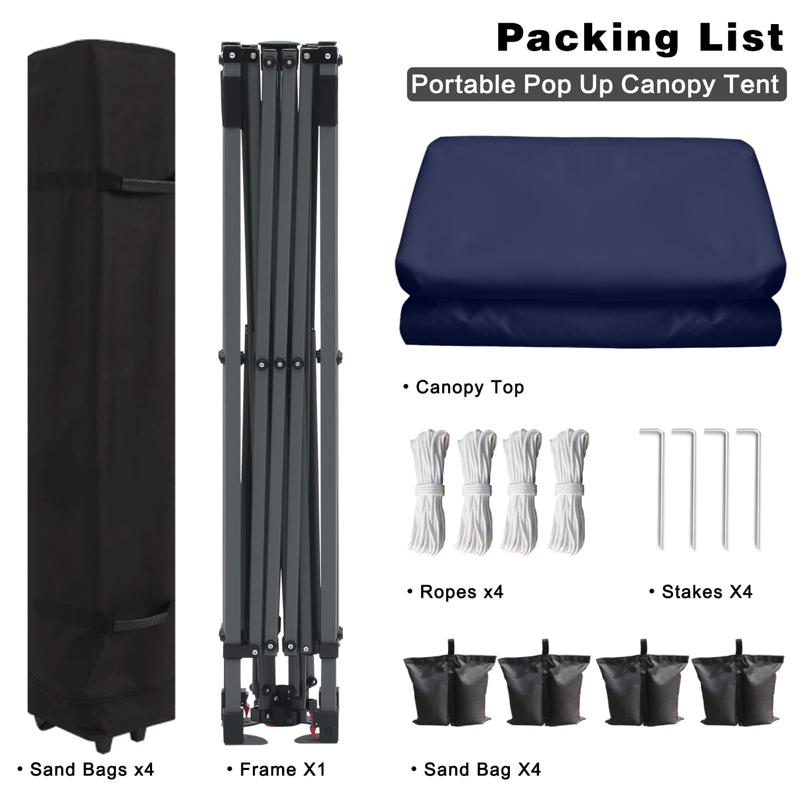 10x10 Pop Up Canopy Tent with Wheeled Carry Bag - Portable Outdoor Shelter for Backyard, Beach, Camping & Events - Includes 4 Ropes, Stakes & Sandbags - Navy Blue