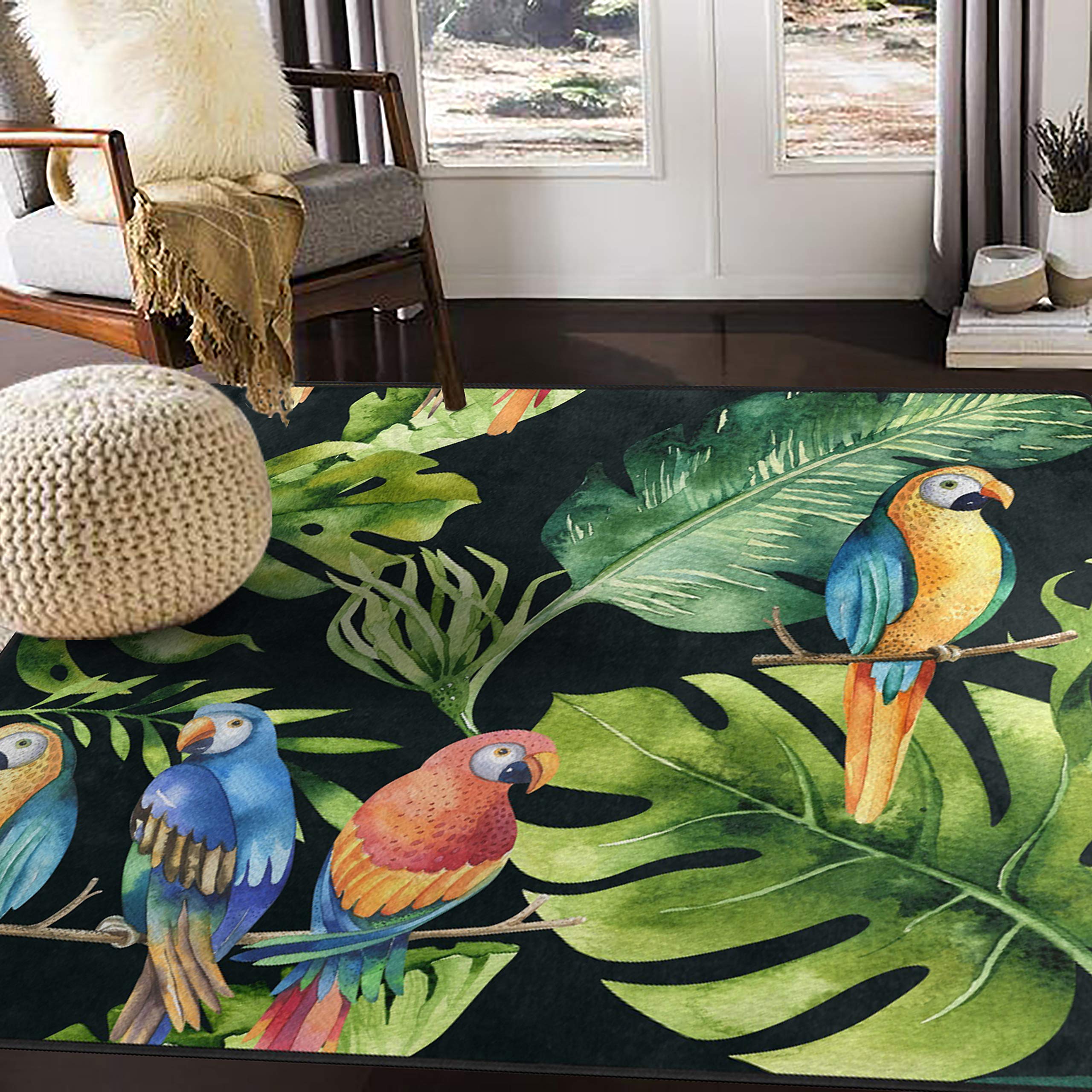 ALAZA Parrot Bird Tropical Palm Tree Leaves Watercolor Area Rug - 7' x 5' Soft Floor Mat for Living Room, Bedroom, Nursery - Boho Home Decor & Jungle Themed Interior Design