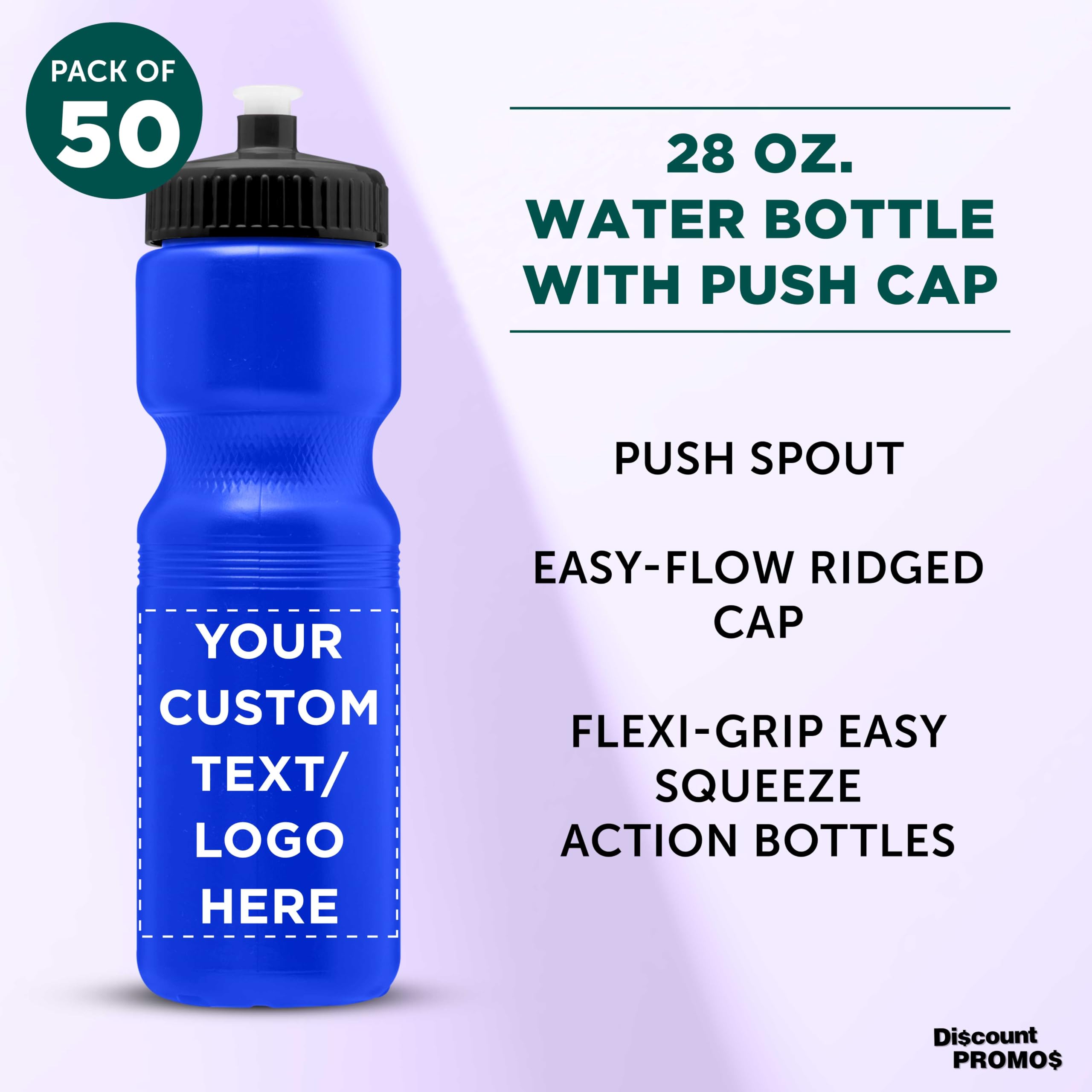 28 oz. Custom Push Cap Plastic Water Bottles - Bulk Pack of 50 - Personalized Water Bottles for Gym, Hiking, Camping & Outdoor Sports - Reflex Blue - Ideal for Team Events, Corporate Gifts & Promotional Giveaways