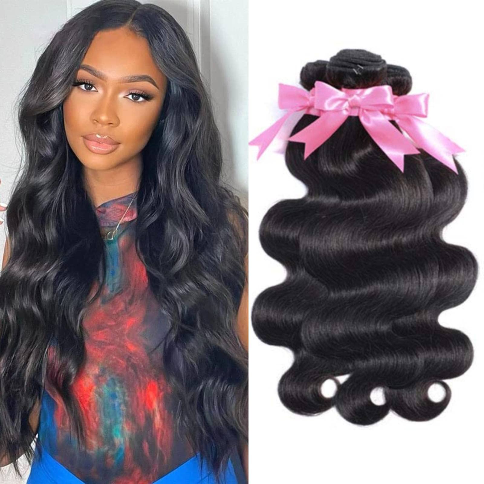 22 24 26 Inch Body Wave Human Hair Bundles - 100% Unprocessed Brazilian Virgin Hair Extensions (3 Bundles, Natural Black) for Styling, Weaving & Everyday Glamour