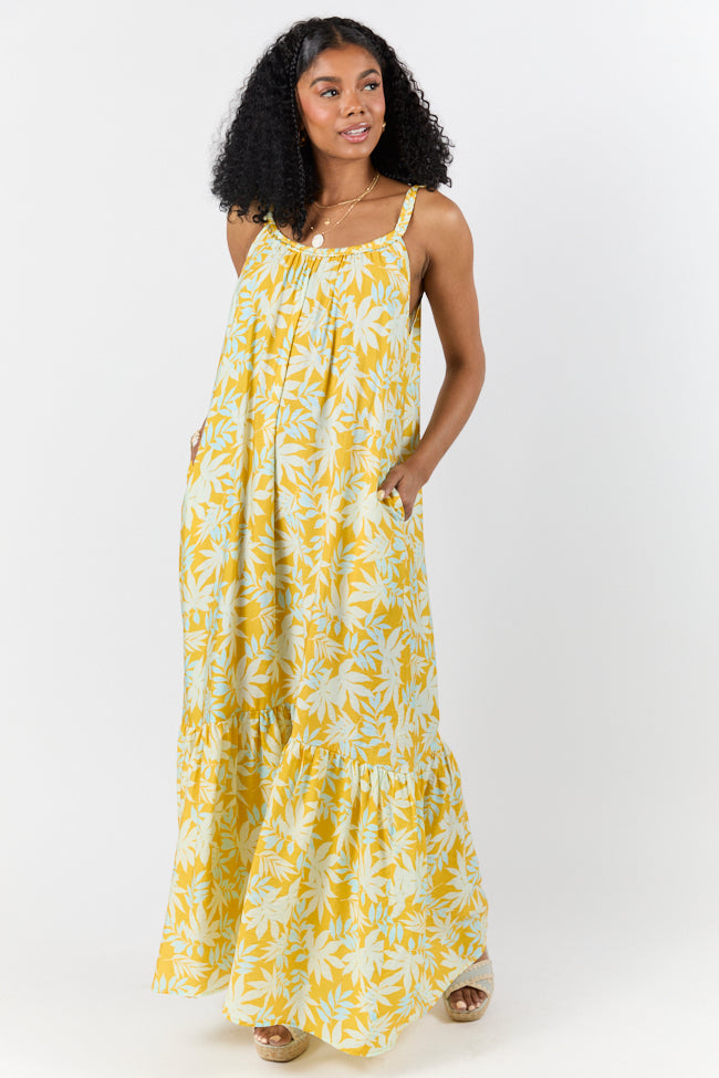 Yellow Leaf Print Maxi Dress - Flowy Bohemian Summer Dress for Women | Perfect for Beach Vacations, Music Festivals & Date Nights