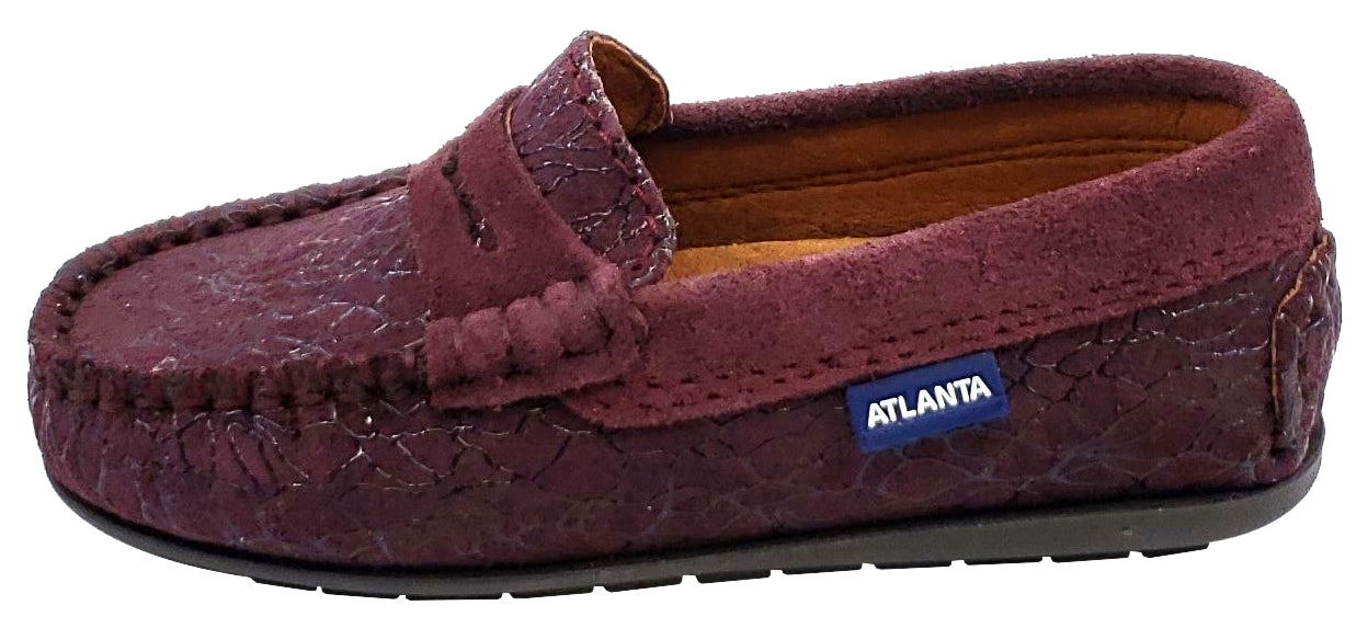 **Kids' Burgundy Suede Penny Loafers with Embellishments - Atlanta Moccasin Style for Boys & Girls - Perfect for School, Parties & Casual Wear**
