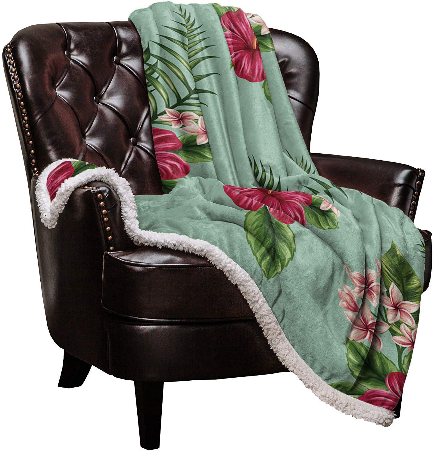 Sherpa Fleece Blanket - Ultra Soft & Warm Reversible Throw, Tropical Plant & Hibiscus Flower Watercolor Design, Fuzzy Microfiber for Couch, Sofa, Bed, Travel - All Season Cozy Blanket 50