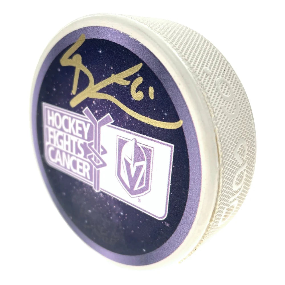 Authentic Mark Stone Signed Vegas Golden Knights Hockey Fights Cancer Puck with COA - Collectible NHL Memorabilia for Fans & Sports Enthusiasts - Perfect for Display, Gifts, and Hockey Memorabilia Collections