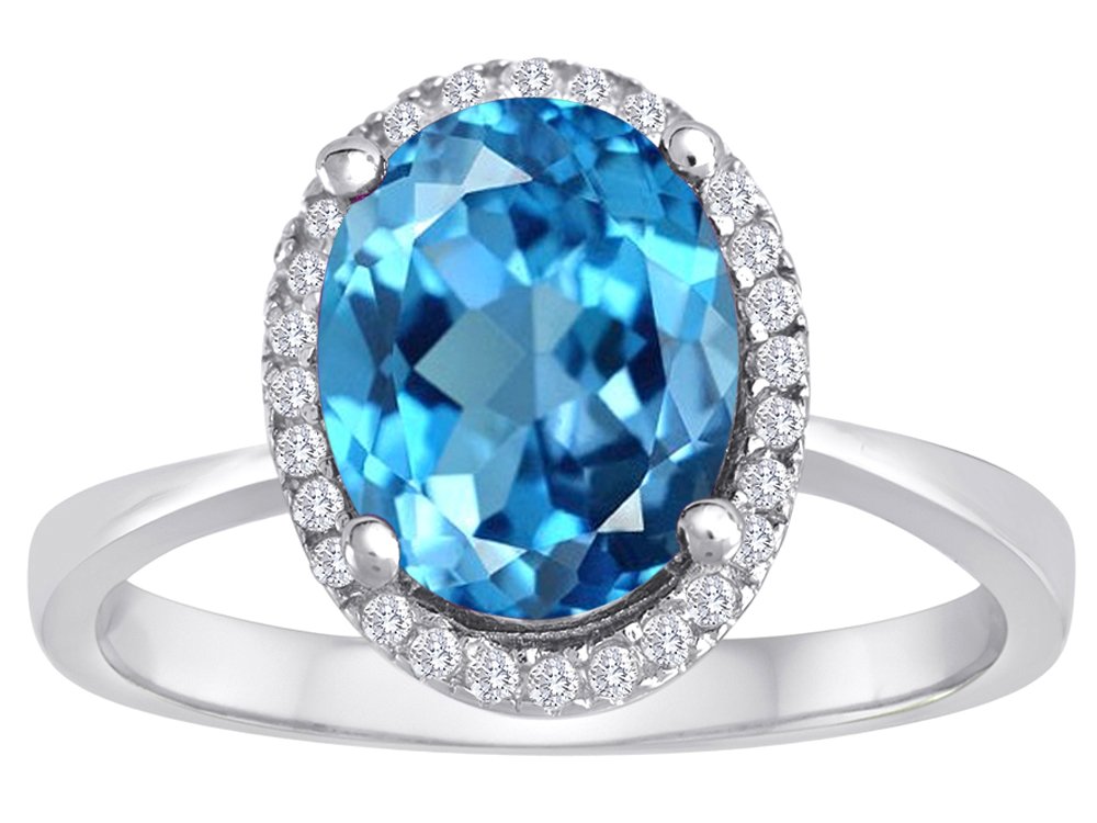 Sterling Silver Star K Oval Simulated Blue Topaz Halo Ring for Women - Elegant Jewelry Gift for Anniversary, Engagement & Special Occasions