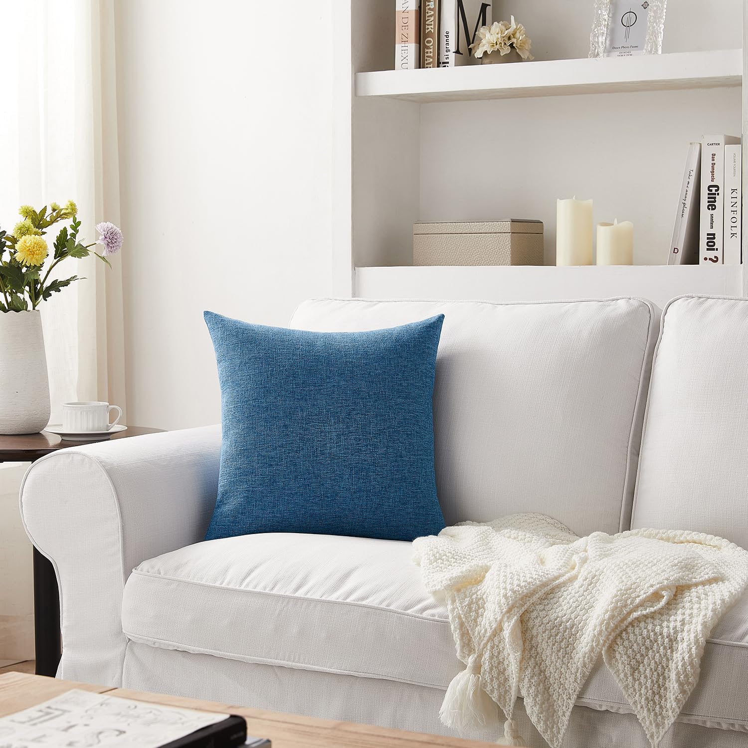 Meekio Set of 2 Blue Boho Farmhouse Decorative Pillow Covers 22x22 Inch - Linen Throw Pillow Cases for Sofa, Couch & Bed - Home Decor, Living Room & Bedroom Accent