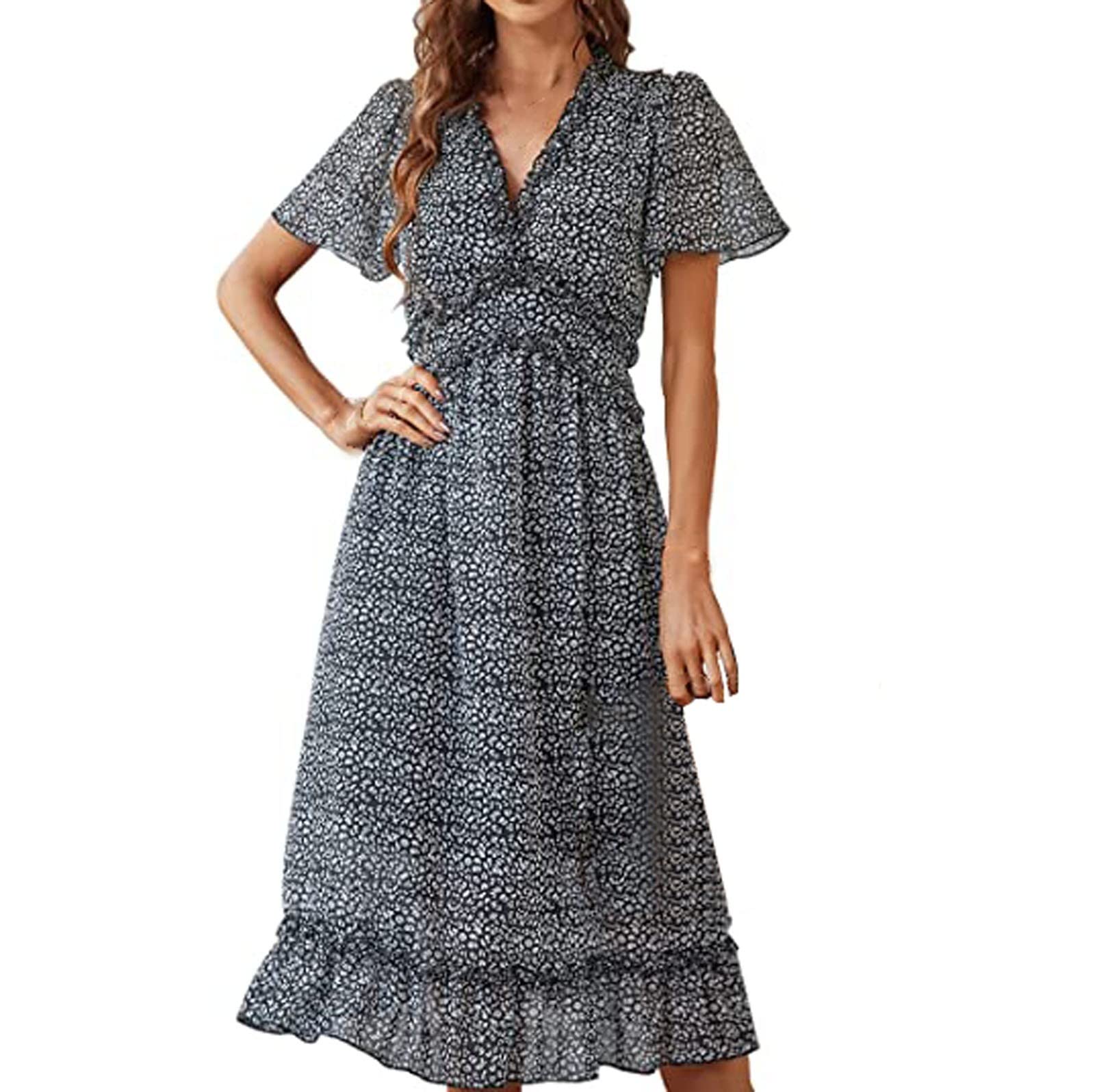 Boho Floral Maxi Dress with Short Neckline & Ruffled Sleeves - Women's Casual V-Neck Summer Dress for Beach, Vacation & Outdoor Parties