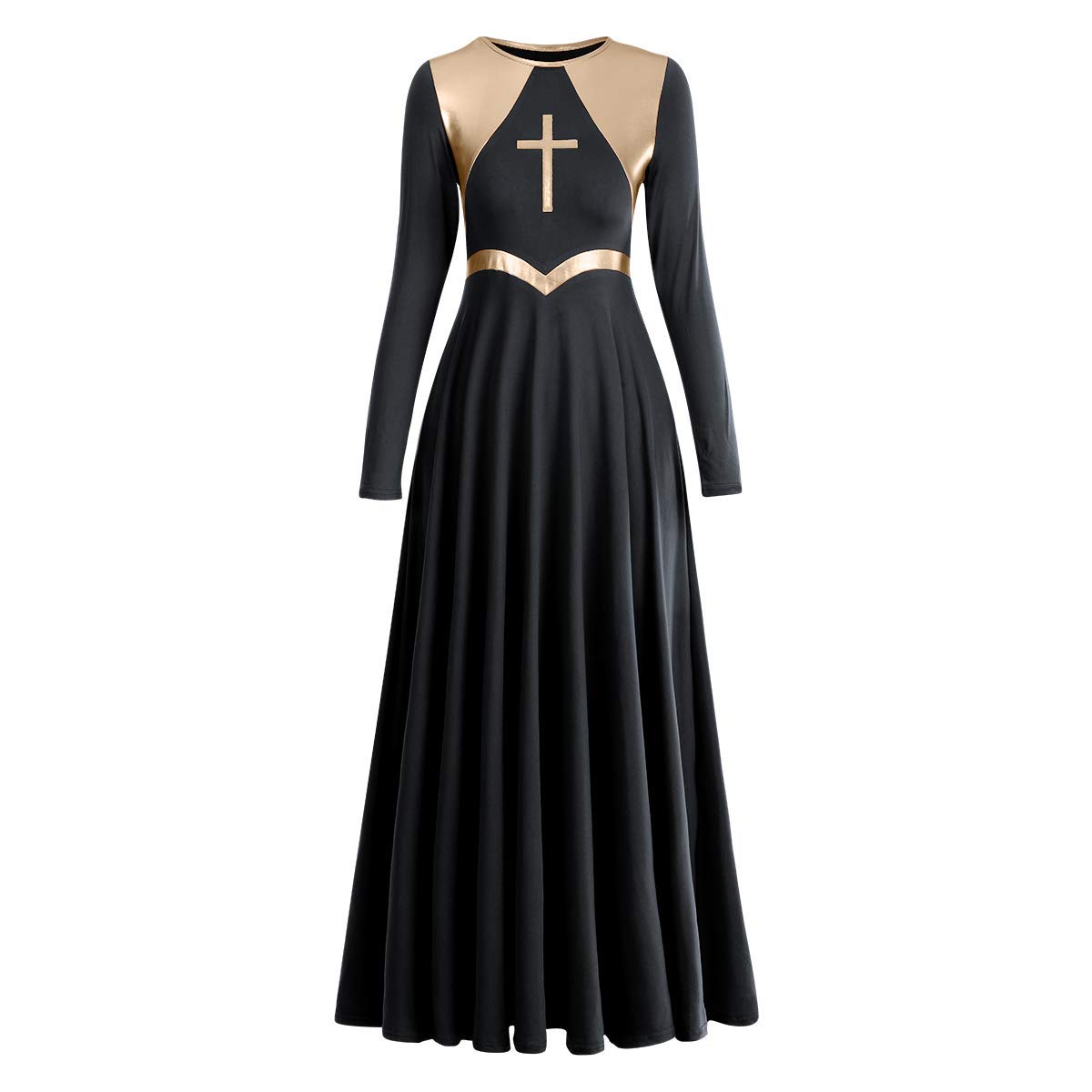 Metallic Cross Praise Dance Dresses for Women - Liturgical Worship Long Sleeve Loose Fit Dress - Perfect for Church Performances, Gospel Choir & Spiritual Dance Events