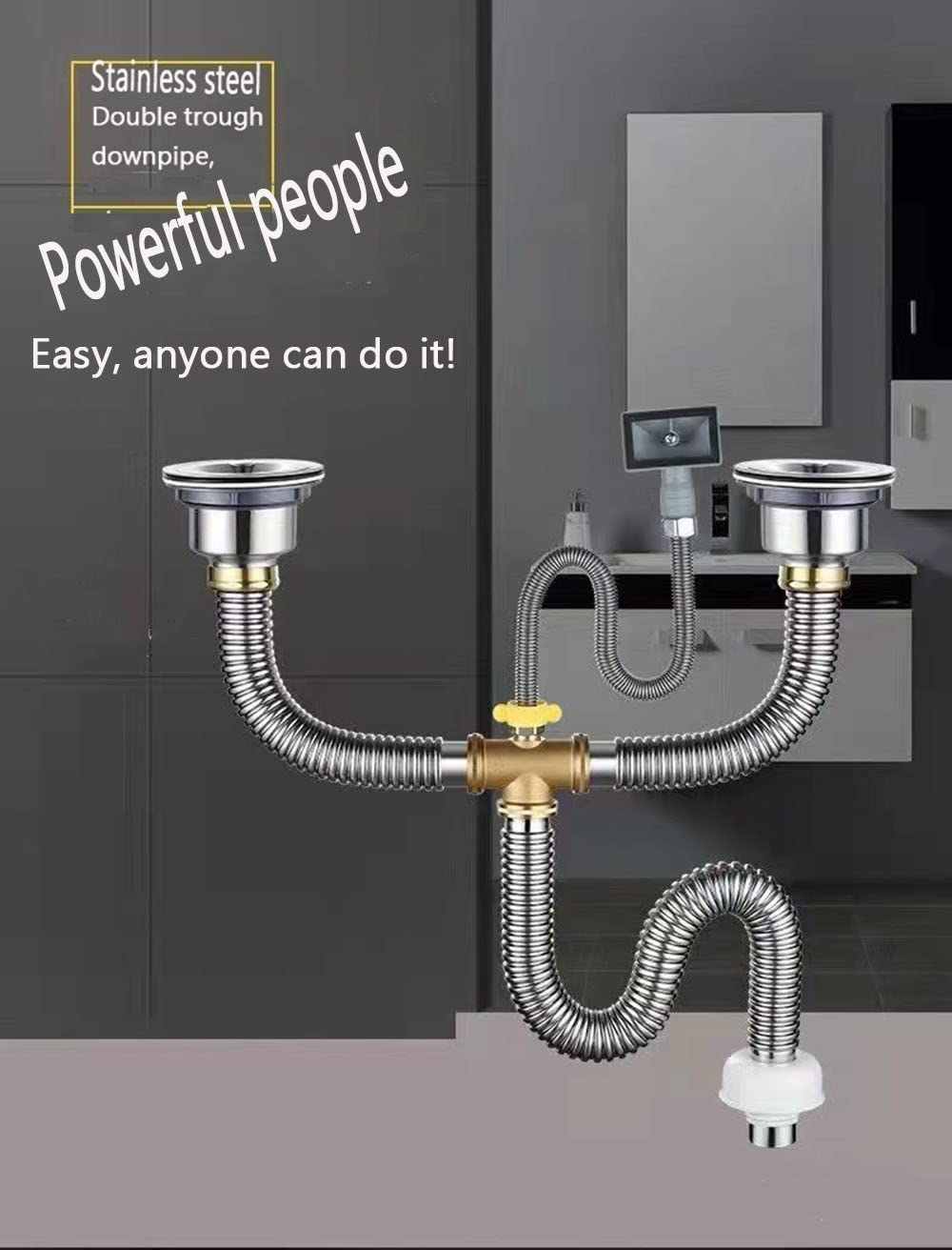 RZGZKLSH Stainless Steel Double Sink Downpipe Fittings - Flexible Trap Tube for Kitchen, Bathroom, Washroom - Durable Sewer Drain Pipe for Efficient Water Flow in Home and Commercial Use