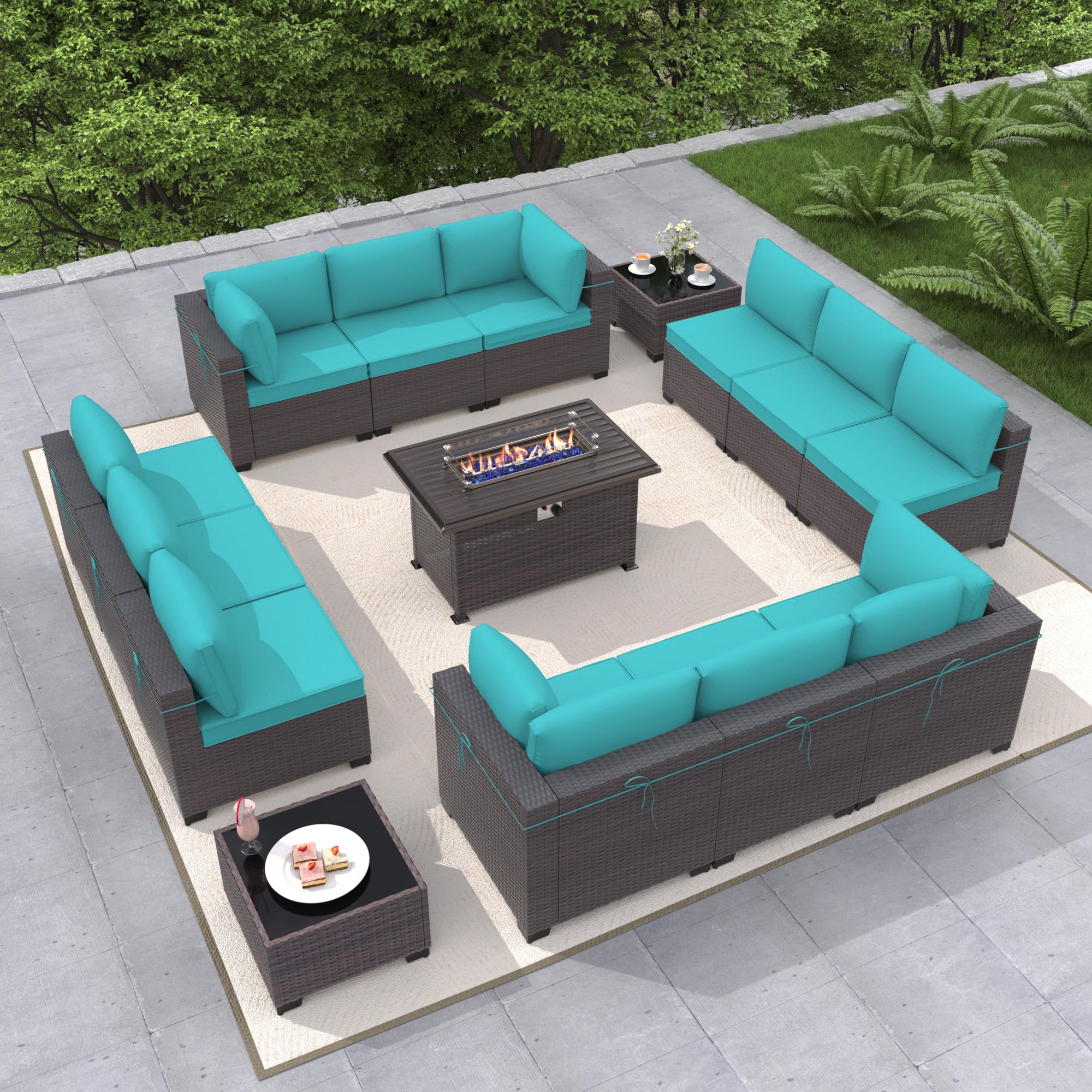 Gotland 15-Piece Outdoor Patio Furniture Set with 43-inch Gas Fire Pit Table - 55,000 BTU Auto-Ignition Sectional Sofa Set with Glass Wind Guard - Perfect for Backyard, Garden, and Poolside Gatherings
