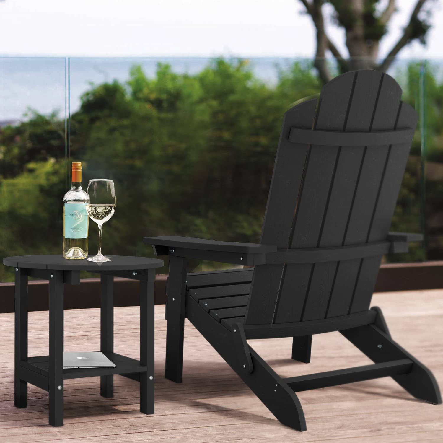 MXIMU Folding Plastic Adirondack Chair and Table Set - 2-Piece Outdoor Furniture for Patio, Garden, Poolside & Beach - Lightweight Foldable Lawn Chairs with Fire Pit Seating - Perfect for Backyard, Balcony, and Camping (Black)