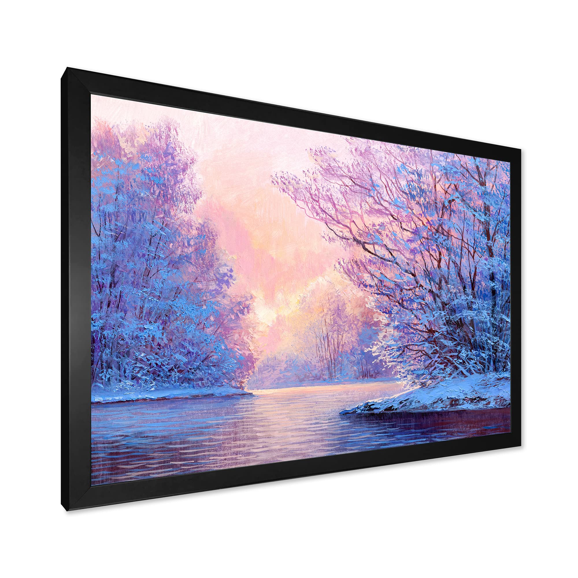 Winter Landscape With The River - Original Lake House Framed Wall Art Painting - Perfect for Living Room, Bedroom & Office Decor