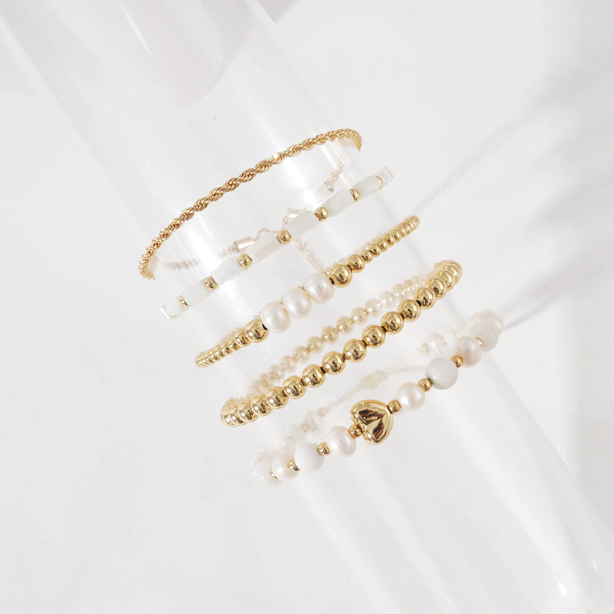 GOOJIDS Tiny Pearl Gold Heart Beaded Bracelets for Women - Dainty Gold Plated Pearls Stackable Layered Beads Bracelet Gift Set for Mom, Birthday, Mother's Day | Perfect for Everyday Wear, Special Occasions & Gift Giving