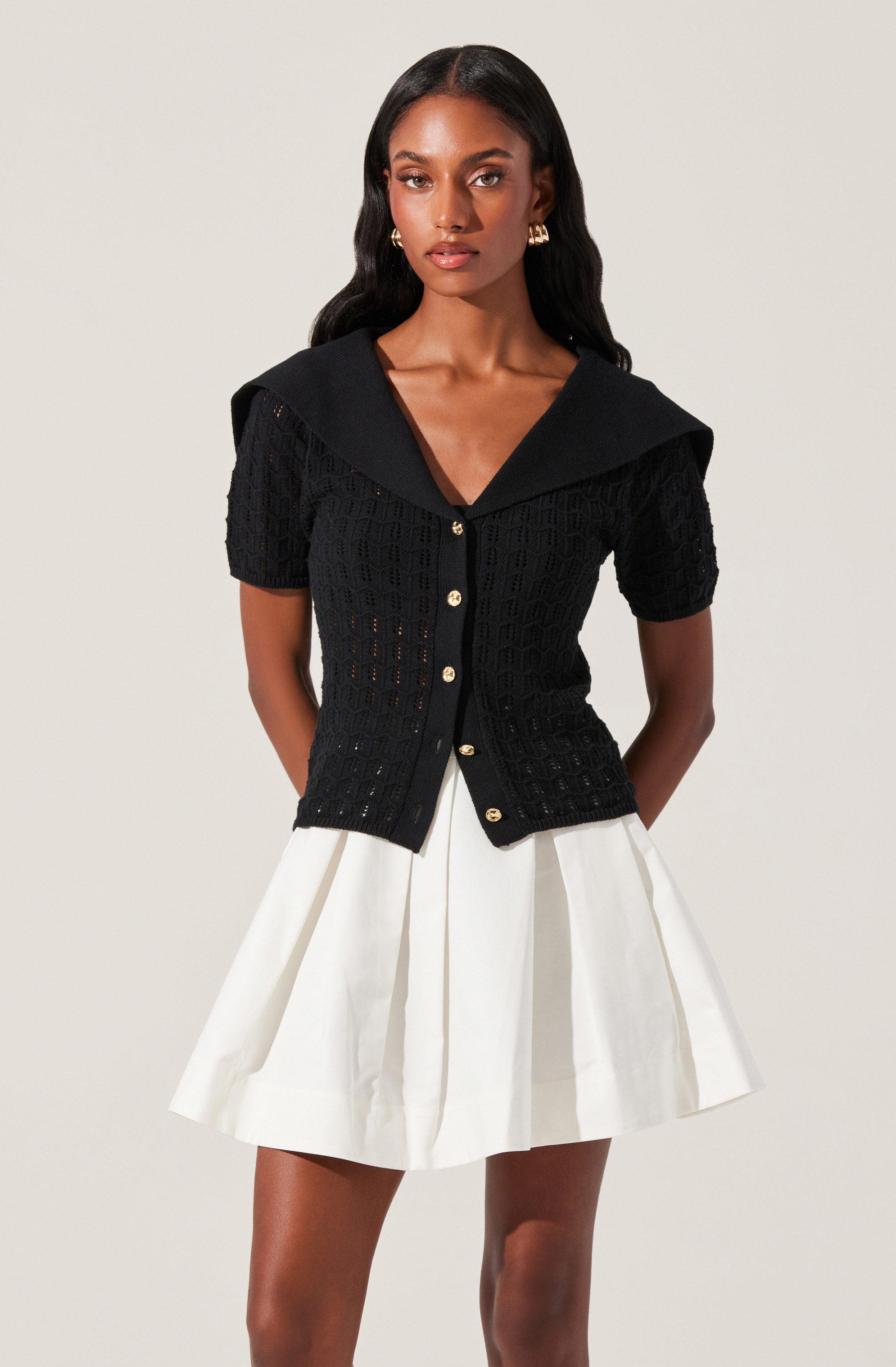 Analissa Pointelle Sailor Collar Cardigan - Women's Knitted Sweater for Fall & Winter | Perfect for Office, Dating & Casual Outfits