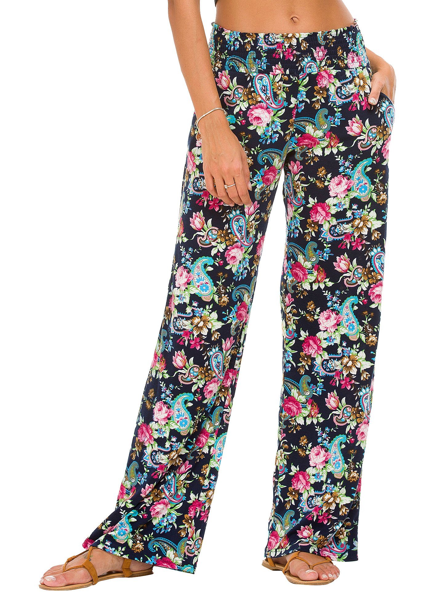 Urban CoCo Women's Boho Palazzo Pants - Wide Leg Beach Lounge Pants with Pockets - High Waisted Comfort for Summer, Travel & Yoga (Casual, Vacation, Festival Outfit)