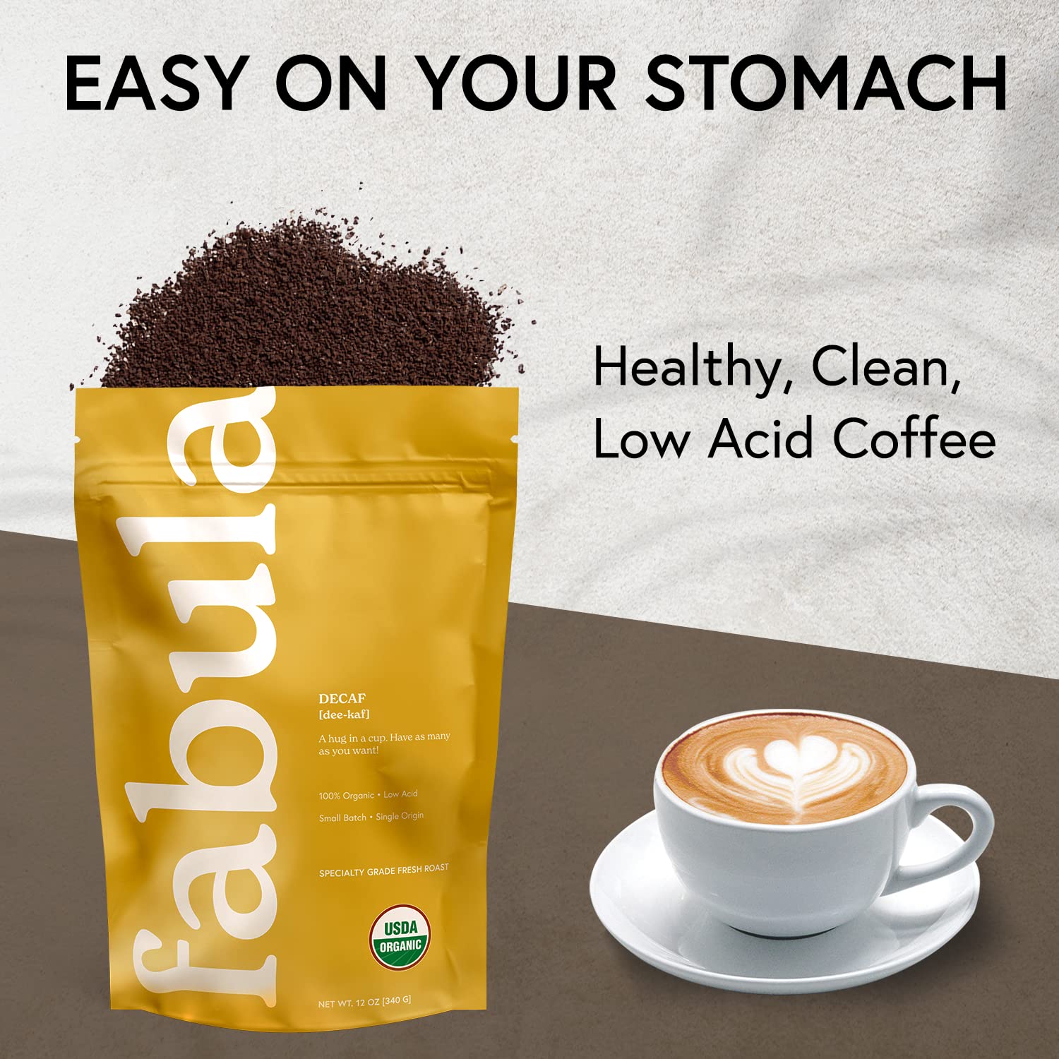 Organic Decaf Coffee Grounds - Low Acid, Medium Roast, Non-GMO - for Sensitive Stomachs