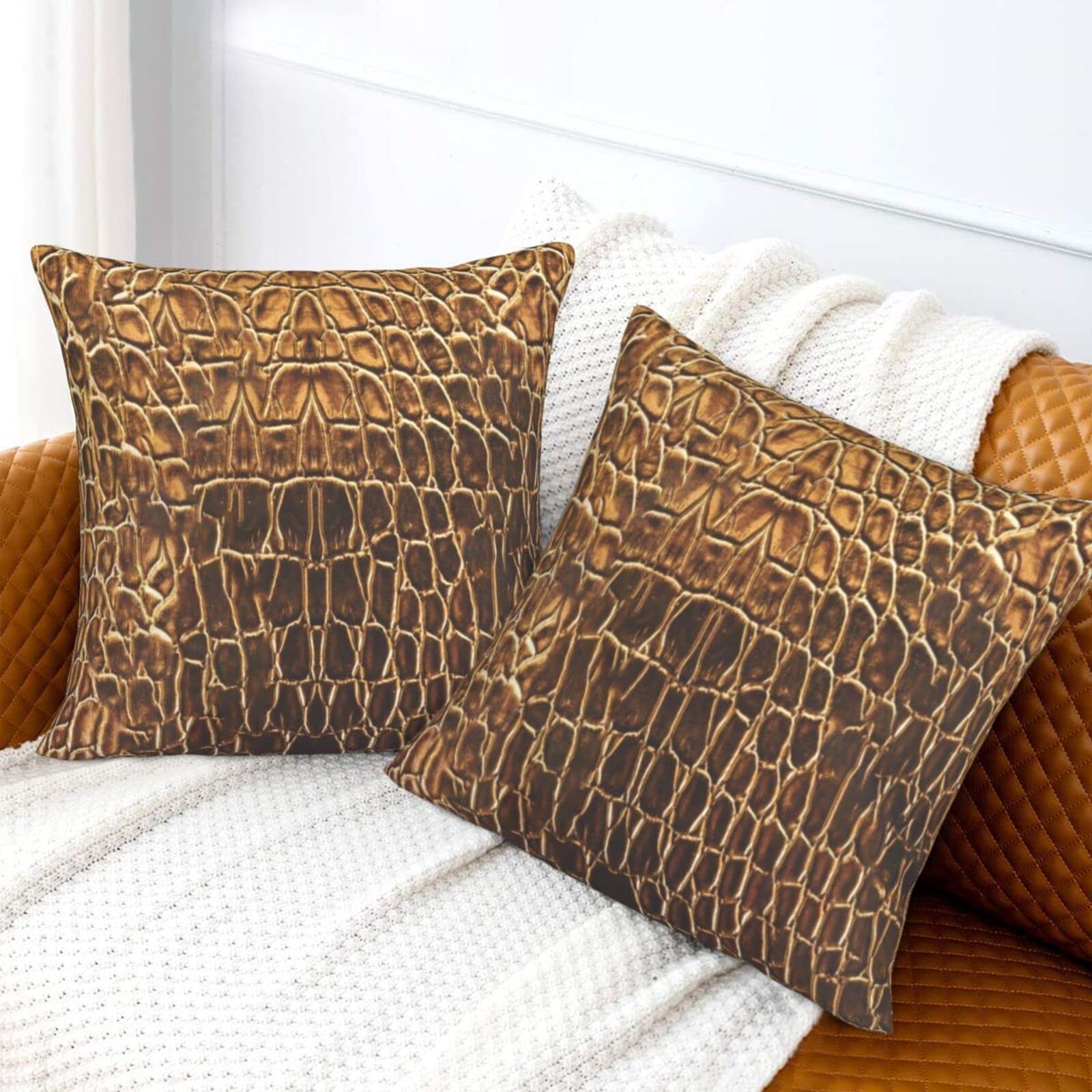 2 Pack Light Brown Alligator Skin Print Velvet Throw Pillow Covers 18x18 Inch - Soft Decorative Cushion Covers for Sofa, Bed, Couch & Car - Perfect for Living Room, Bedroom & Home Decor