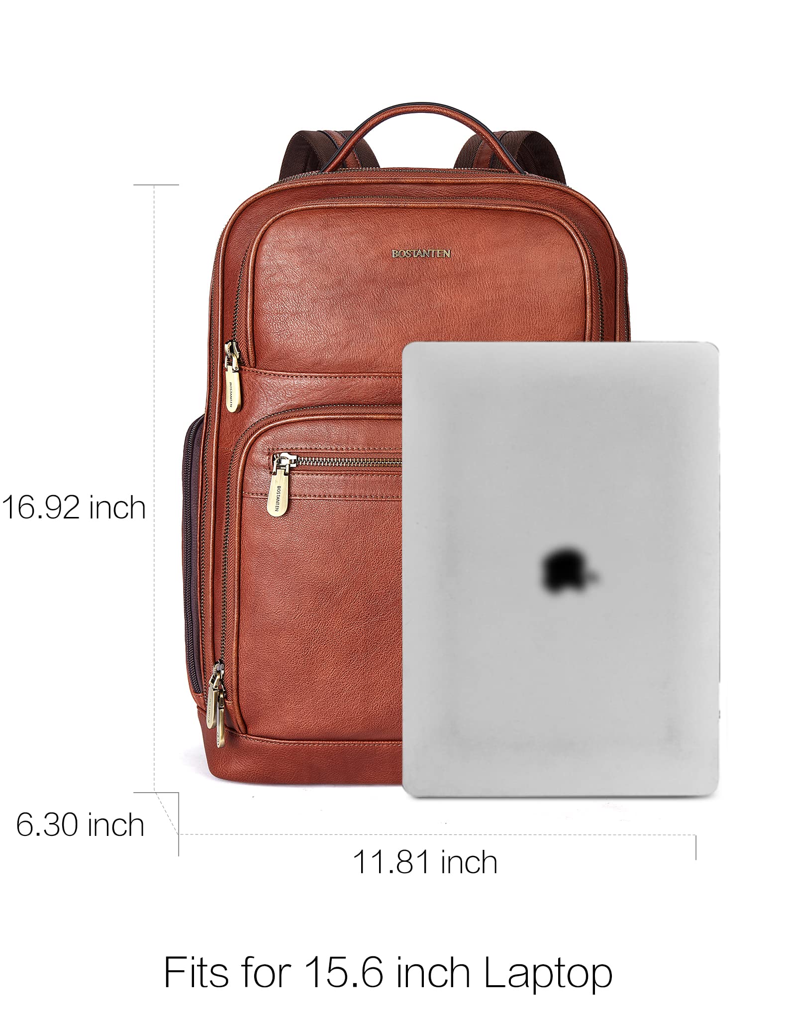 BOSTANTEN Genuine Leather Backpack for Men - 15.6 Inch Laptop Backpack with USB Charging Port, College Travel Business Backpack - Coffee Brown - Perfect for Work, School & Daily Commute