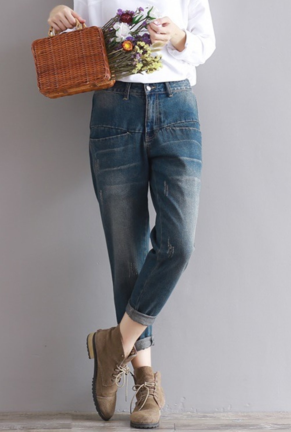 Hotmiss Women's Distressed Baggy Harem Jeans - Casual Loose Fit Cropped Denim Pants for Streetwear & Boho Fashion Outfits