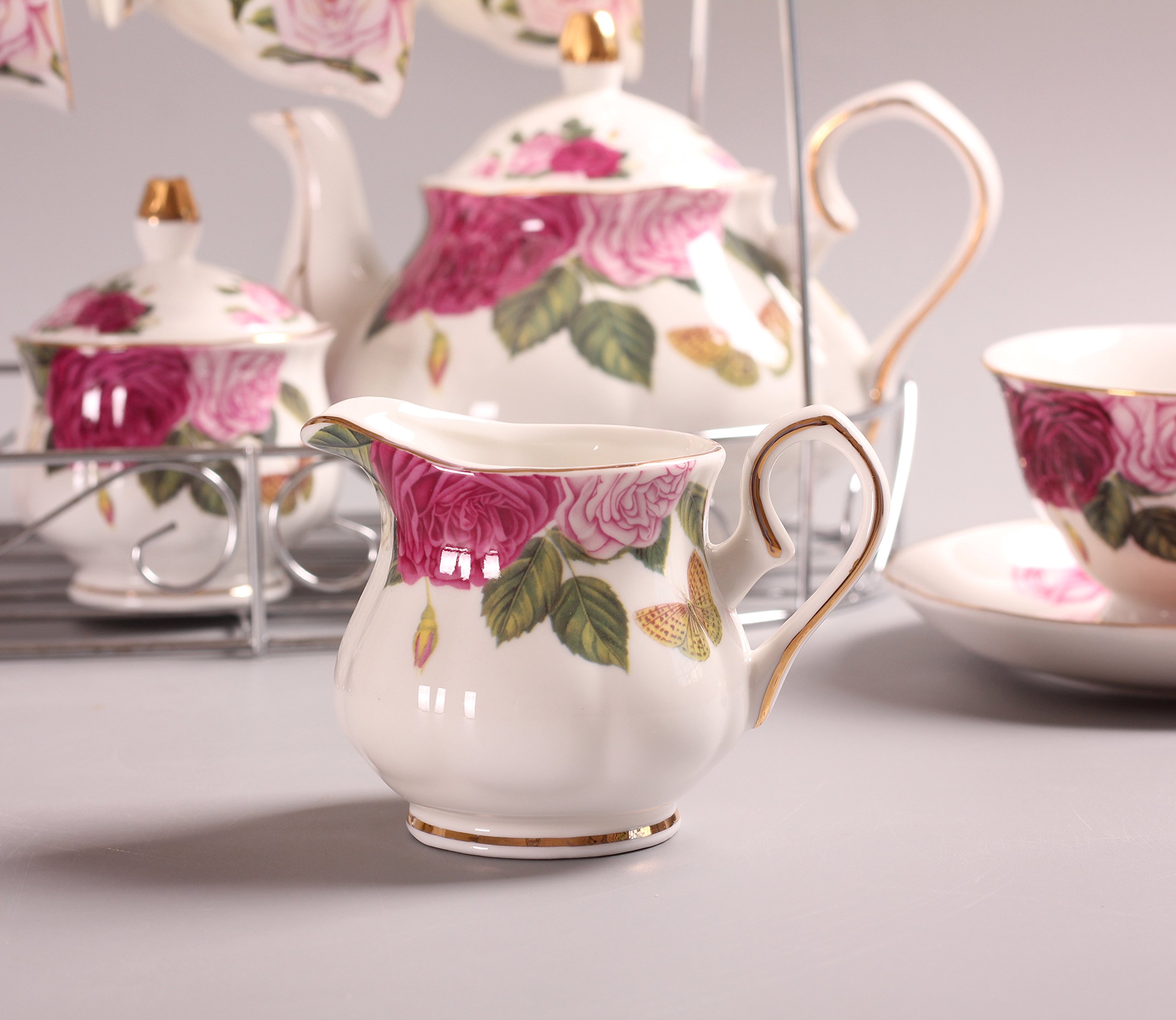 Elegant Bone China Butterfly & Floral Printed Porcelain Tea Set with Lid & Saucer - 15-Piece Coffee & Tea Cup Set for Afternoon Tea, Bridal Shower, and Luxury Home Decor