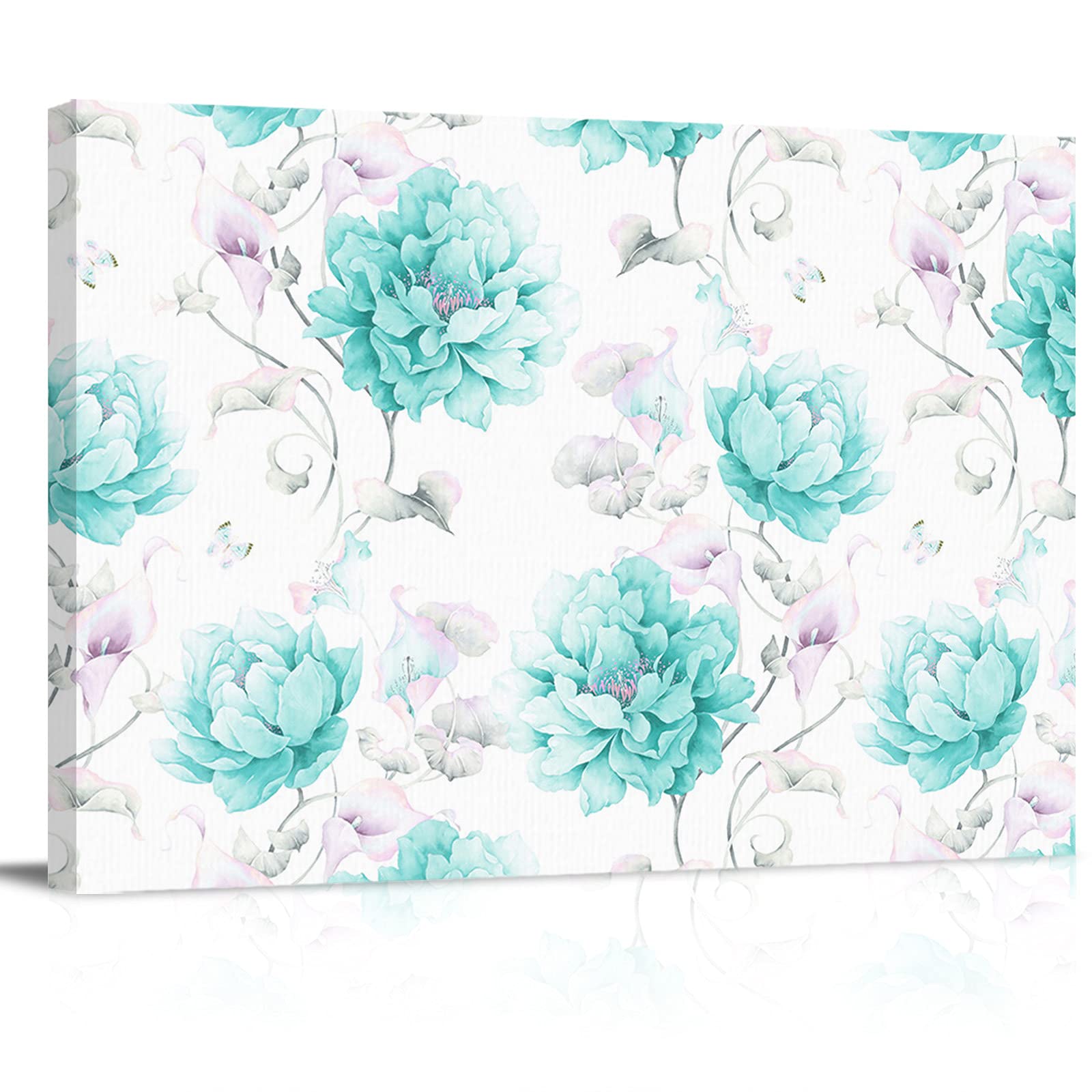 COLORSUM Aqua Watercolor Floral Canvas Wall Art - 36x24 Inch Stretched & Framed Ready to Hang Painting for Kitchen, Bedroom, Living Room Decor - Perfect for Home, Office & Gift Giving