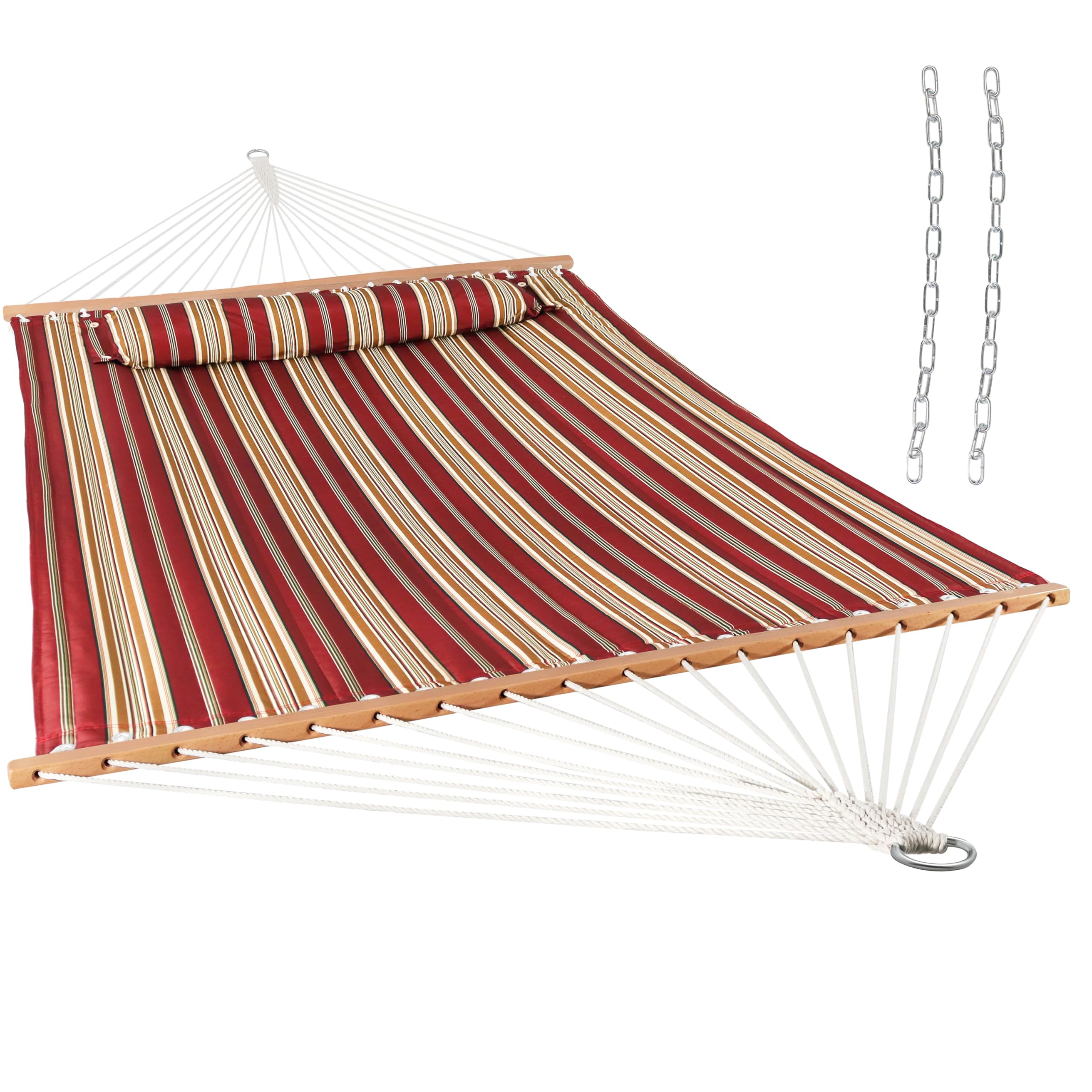Premium Sunnydaze Quilted Outdoor Hammock with Spreader Bars - Heavy Duty 450lb Capacity Double Hammock for Backyard, Camping & Patio - Durable Red Stripe Design - Perfect for Relaxation & Outdoor Adventures