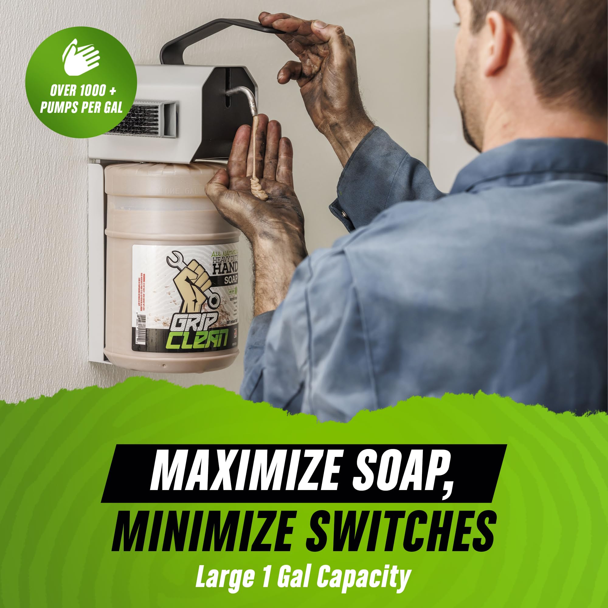 Grip Clean 4 Pack Combo - Heavy Duty Pumice Hand Soap for Mechanics with Wall Mount Dispenser | 2 Gallons Natural Clay & Coconut Oil Hand Cleaner | Ideal for Auto Shops, Industrial Work & Garage Use
