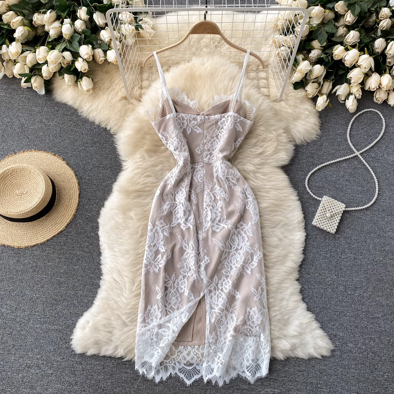 Elegant Lace Sheath Midi Dress with Spaghetti Straps - Perfect for Date Night & Evening Parties