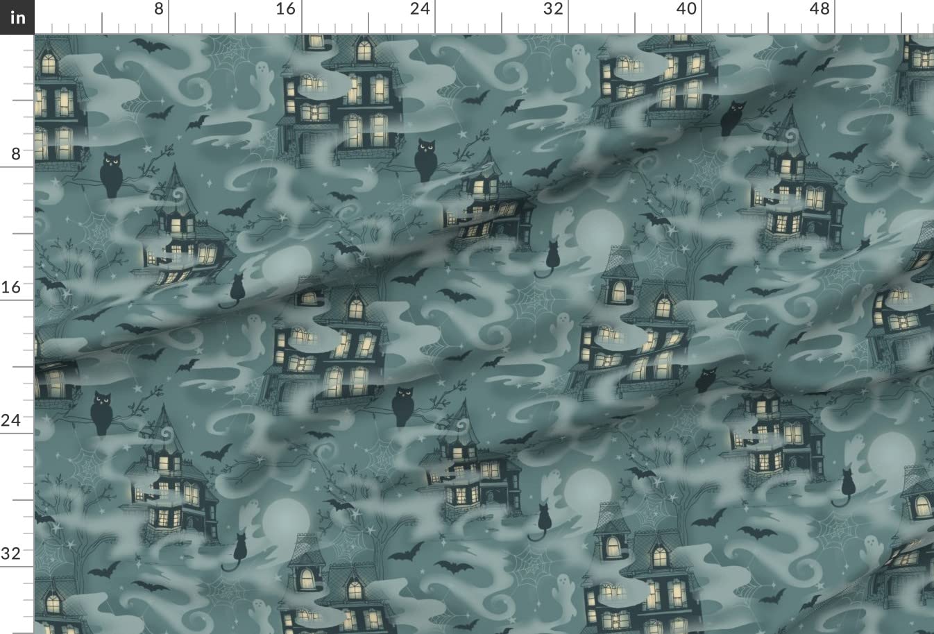 Halloween Ghost House Printed Satin Fabric by The Yard - Premium Spoonflower Fabric for Sewing, Apparel, Fashion, Blankets & Home Decor - Perfect for Costumes, Quilting, and DIY Halloween Decorations