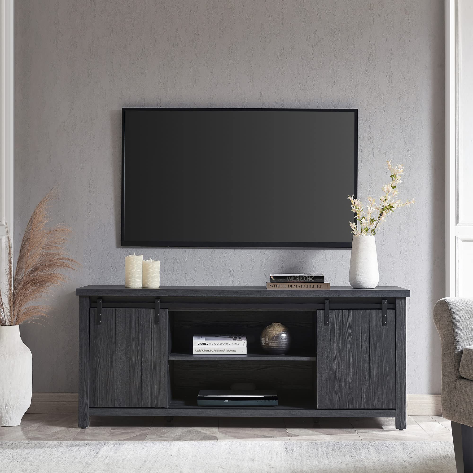 Deacon 65 Inch TV Stand - Modern Rectangular Entertainment Center with Storage Shelves for Living Room, Bedroom - Charcoal Gray Finish