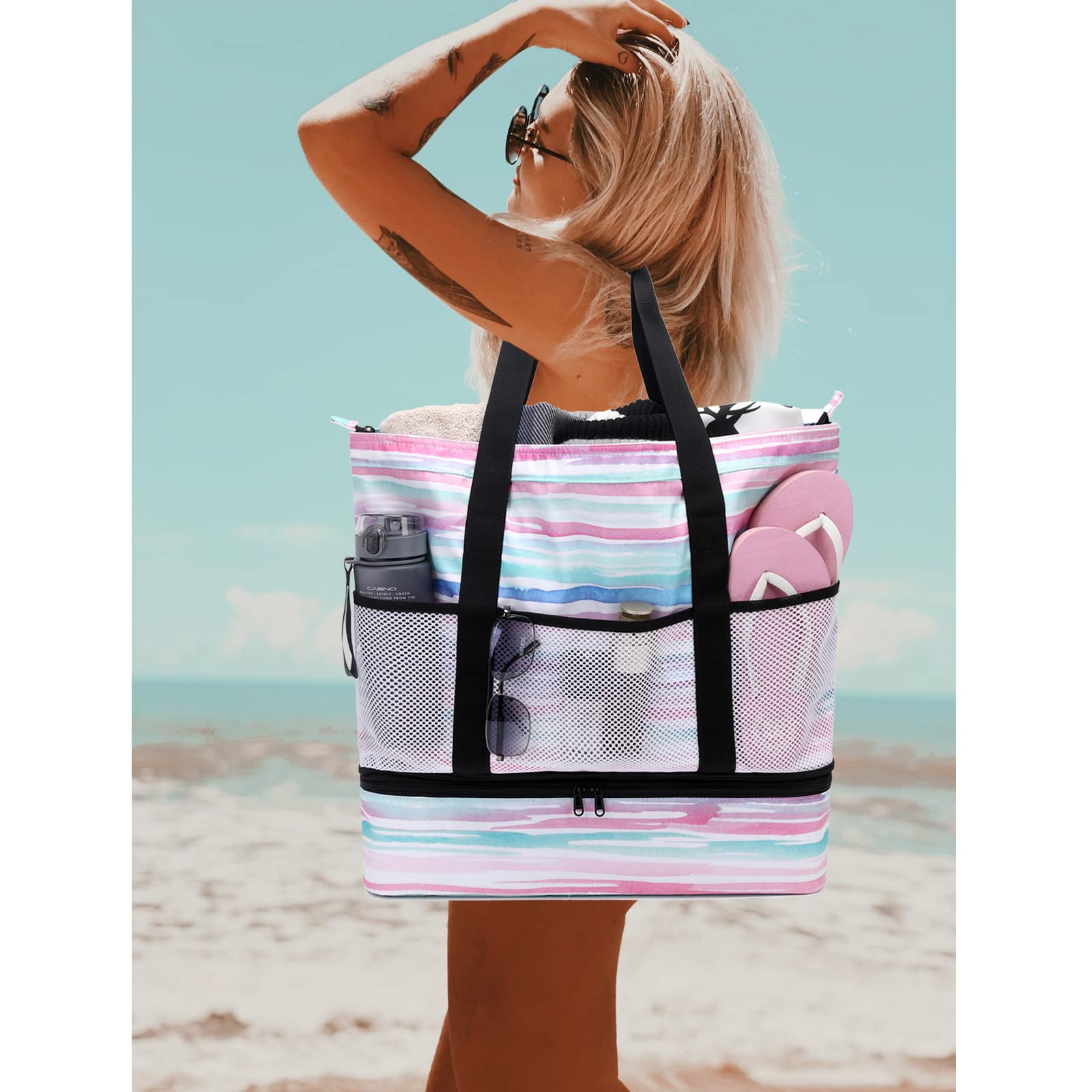 **Octsky Large Waterproof Beach Tote Bag with Cooler & 9 Pockets - Sandproof Zipper Pool Bag for Women - Perfect for Beach Trips, Pool Parties & Outdoor Picnics**