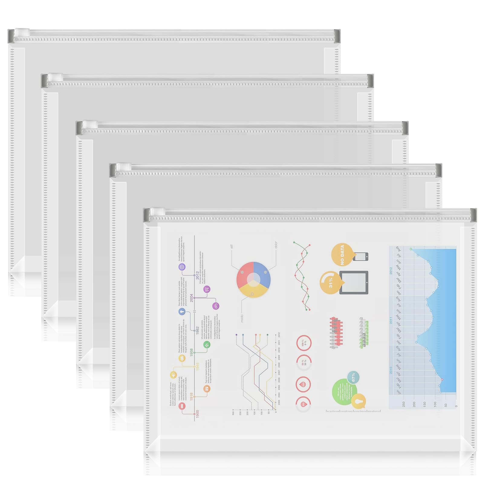 FYY 5-Pack A4 Letter Size Plastic Zip Envelopes - Translucent Expanding Document Organizer with Zipper for School, Office & Home Use (12.8