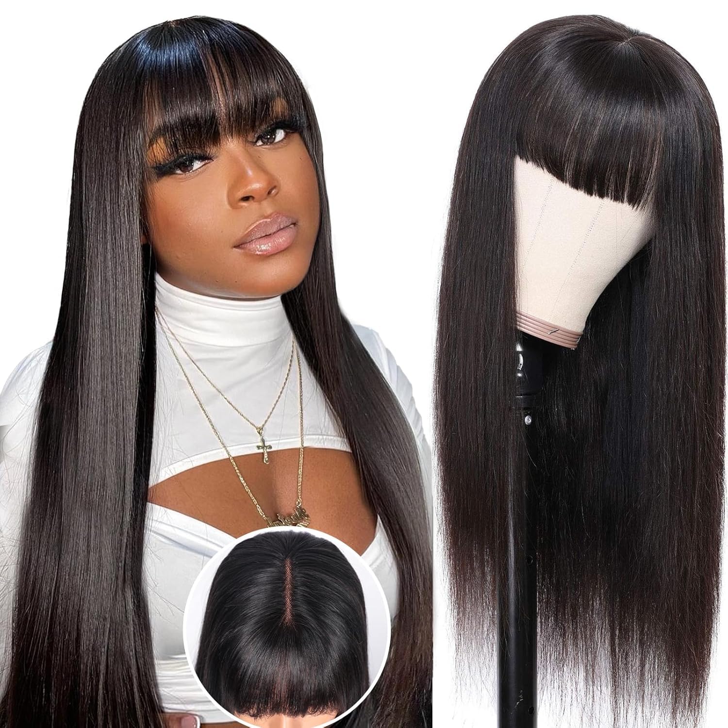 Lzlefho 20-Inch Straight Brazilian Virgin Human Hair Wig with Bangs - 180% Density Glueless Machine Made Wig for Women, No Lace Front, Natural Black | Perfect for Daily Wear, Cosplay & Special Occasions