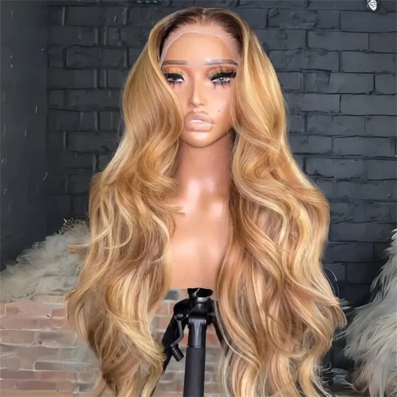 Eullair Honey Blonde Highlight Body Wave Human Hair Wig with Dark Roots - Glueless Lace Frontal Wig for Women | Perfect for Daily Wear, Cosplay, and Special Occasions