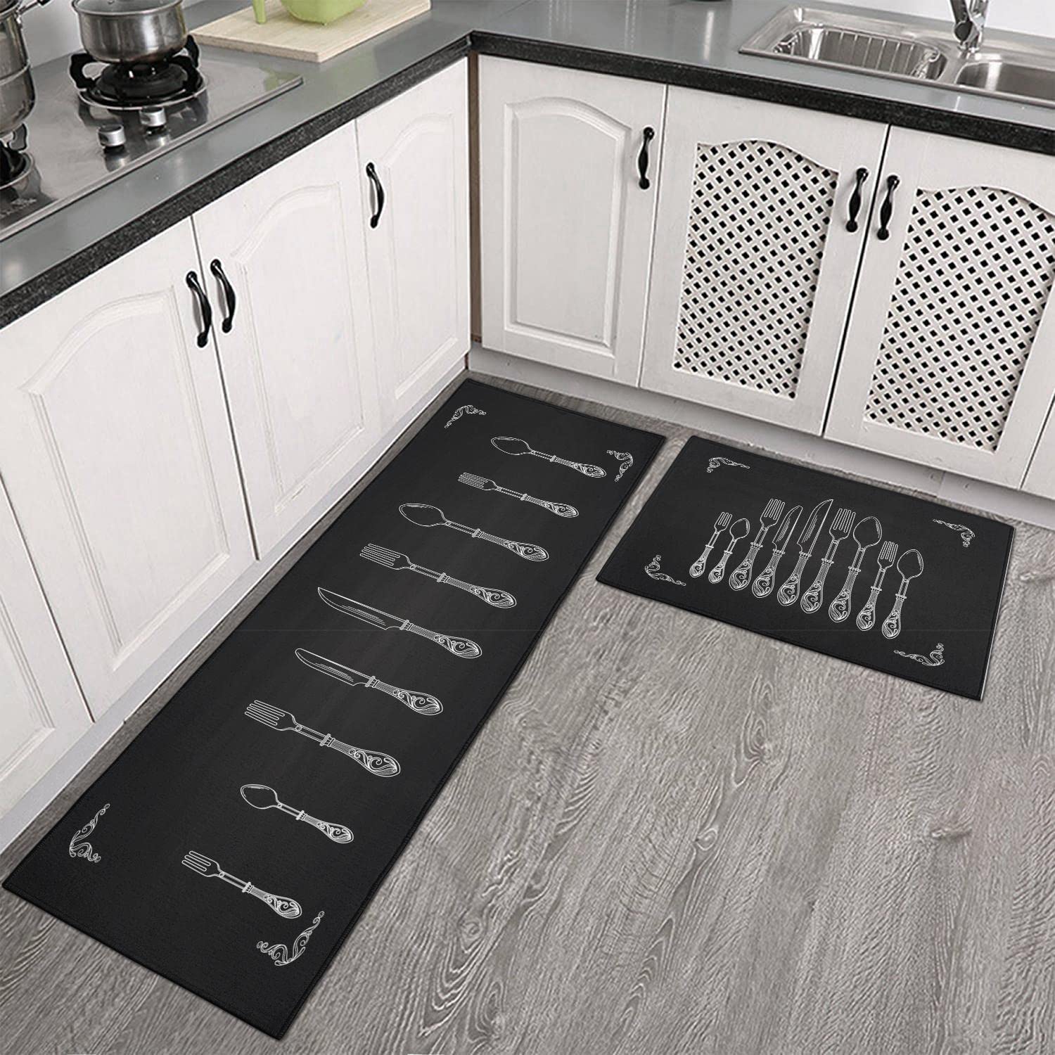 Non-Slip Washable Microfiber Kitchen Rugs Set of 2 - Absorbent, Stain Resistant Floor Mats (17
